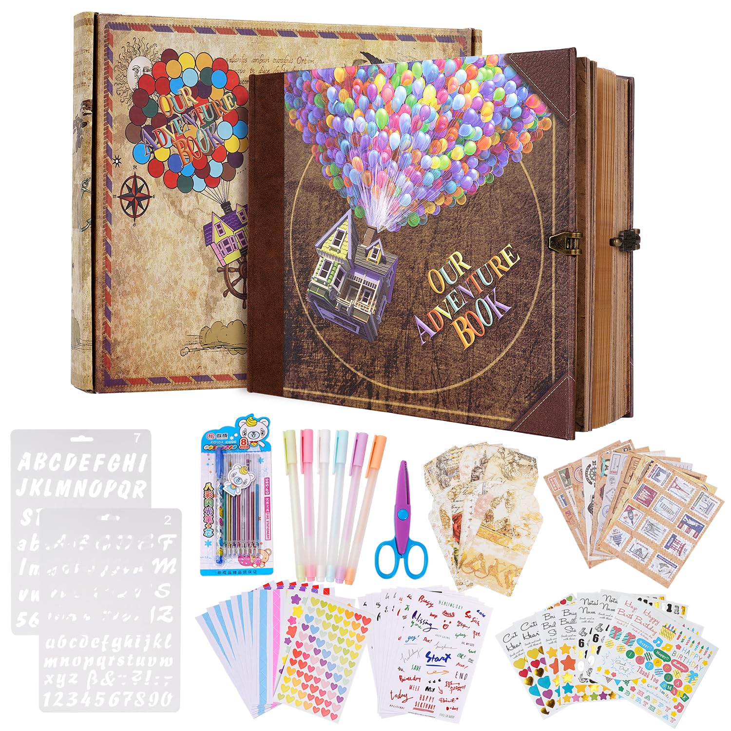 Our Adventure Book Scrapbook Photo Album 146 Pages 8.9 * 7.7 Inch with Scrapbooking Supplies,3D Retro Style Embossed Letter Cover Memory Book for Couples,Anniversary Wedding,Valentine's Day,Christmas