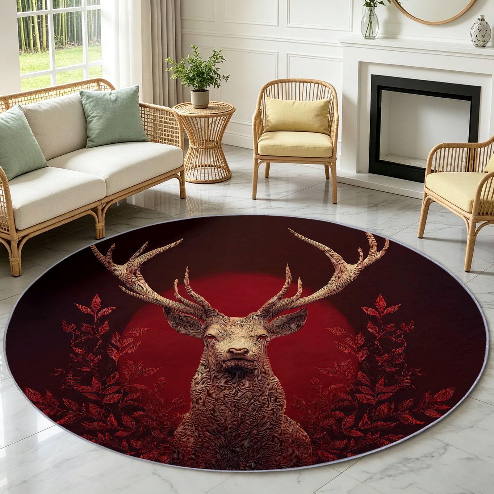 Tappeto rotondo lavabile, 60 cm, morbido tappeto rotondo con stampa di animali selvatici, foresta, cervi, cervi a pelo corto, antiscivolo, per ingresso, soggiorno, camera da letto, accanto al divano e
