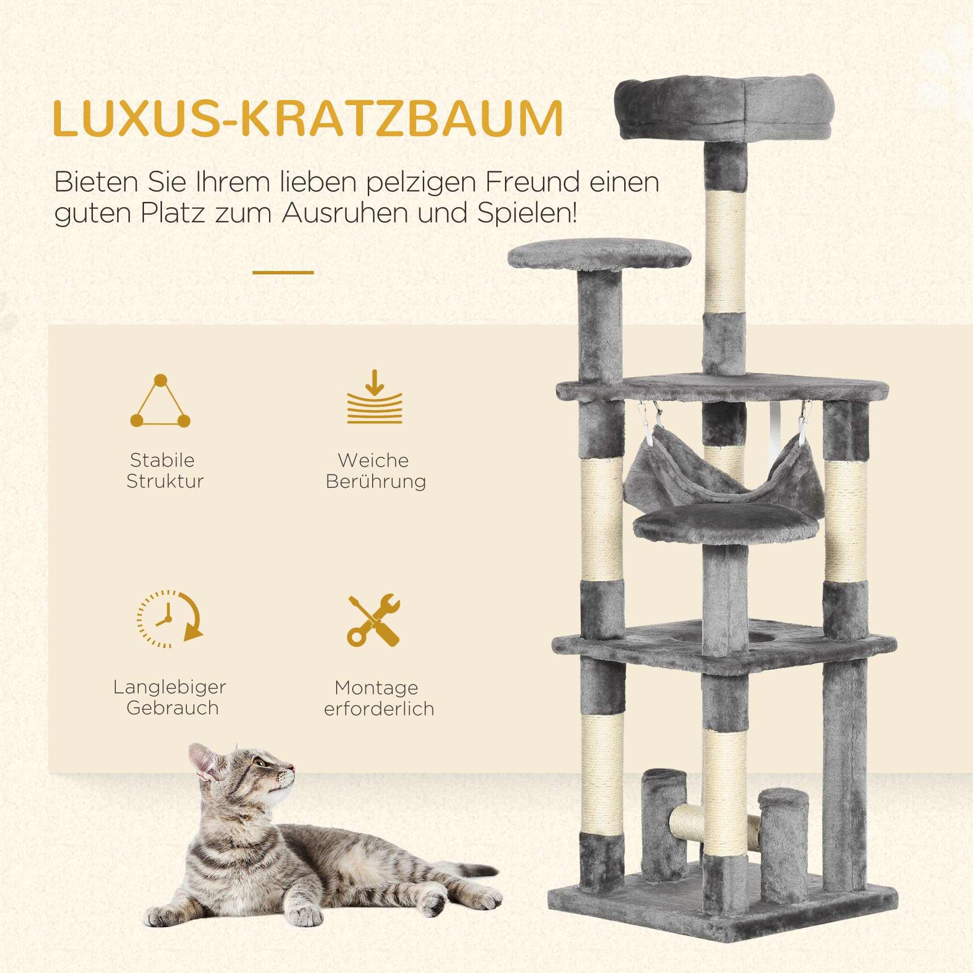 PawHut Katzenbaum Katzenkratzbaum Hängematte Grau L40 x B40 x H132 cm