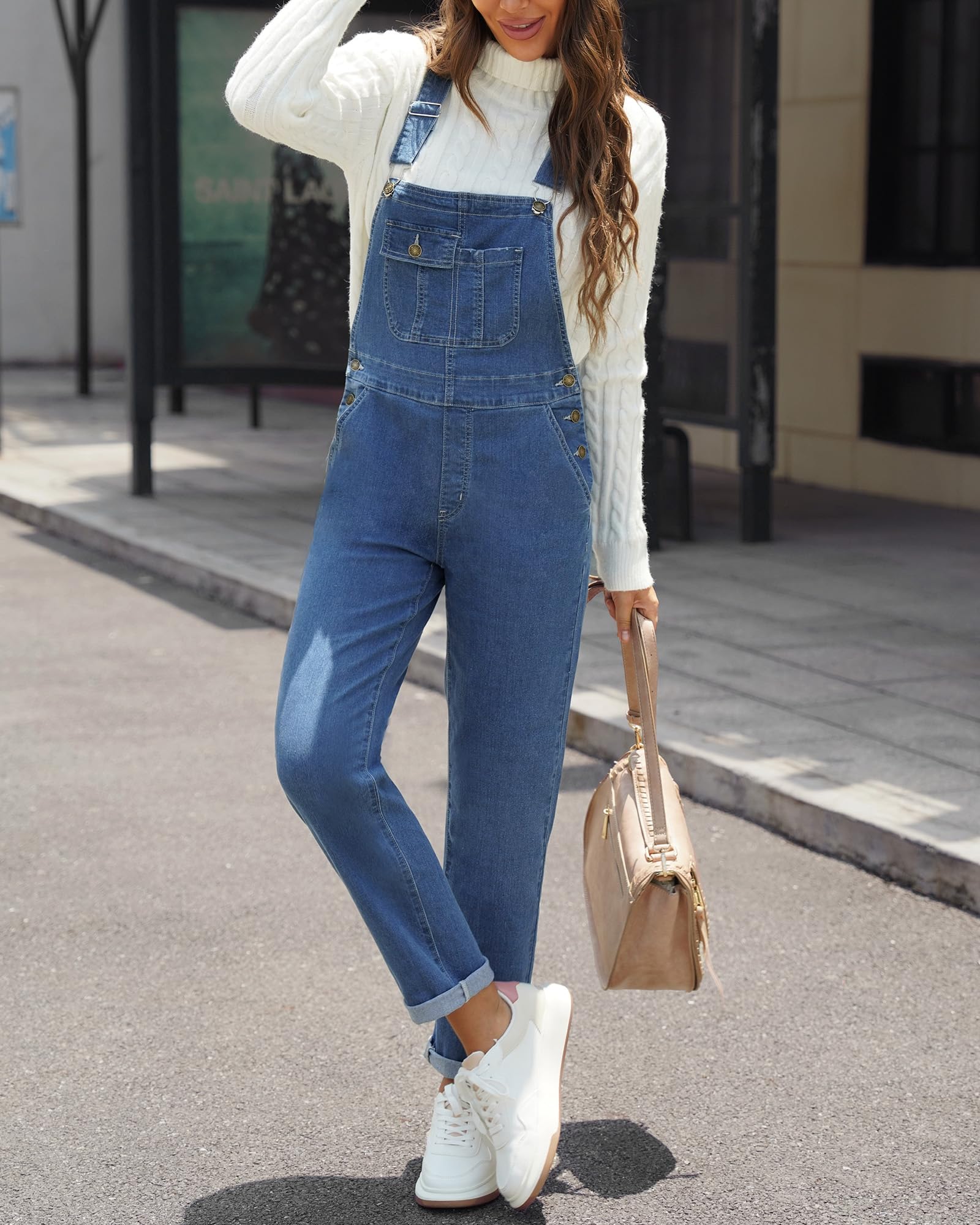 Roskiky Salopette da donna in denim, elasticizzati, dritta, in jeans, vestibilità normale, con cinghie regolabili
