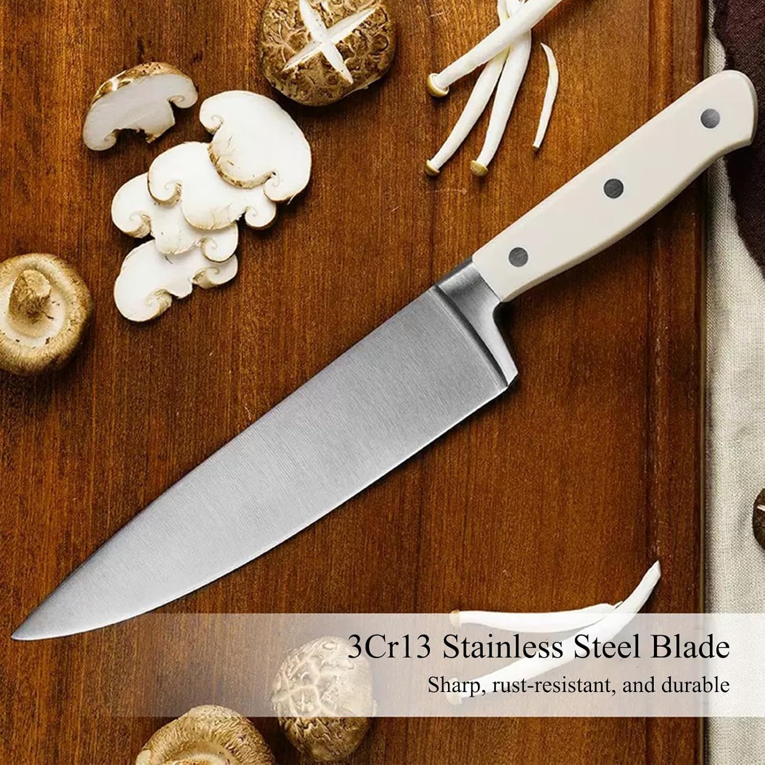 Kitchen Knife Set, 11-Piece Beige Knife Set with Wooden Magnetic Block, 5 Steak Knife, Full-Tang Handle, Dishwasher Safe Non Stick Stainless Steel Chef Knife Block Set for Kitchen Home Restaurant