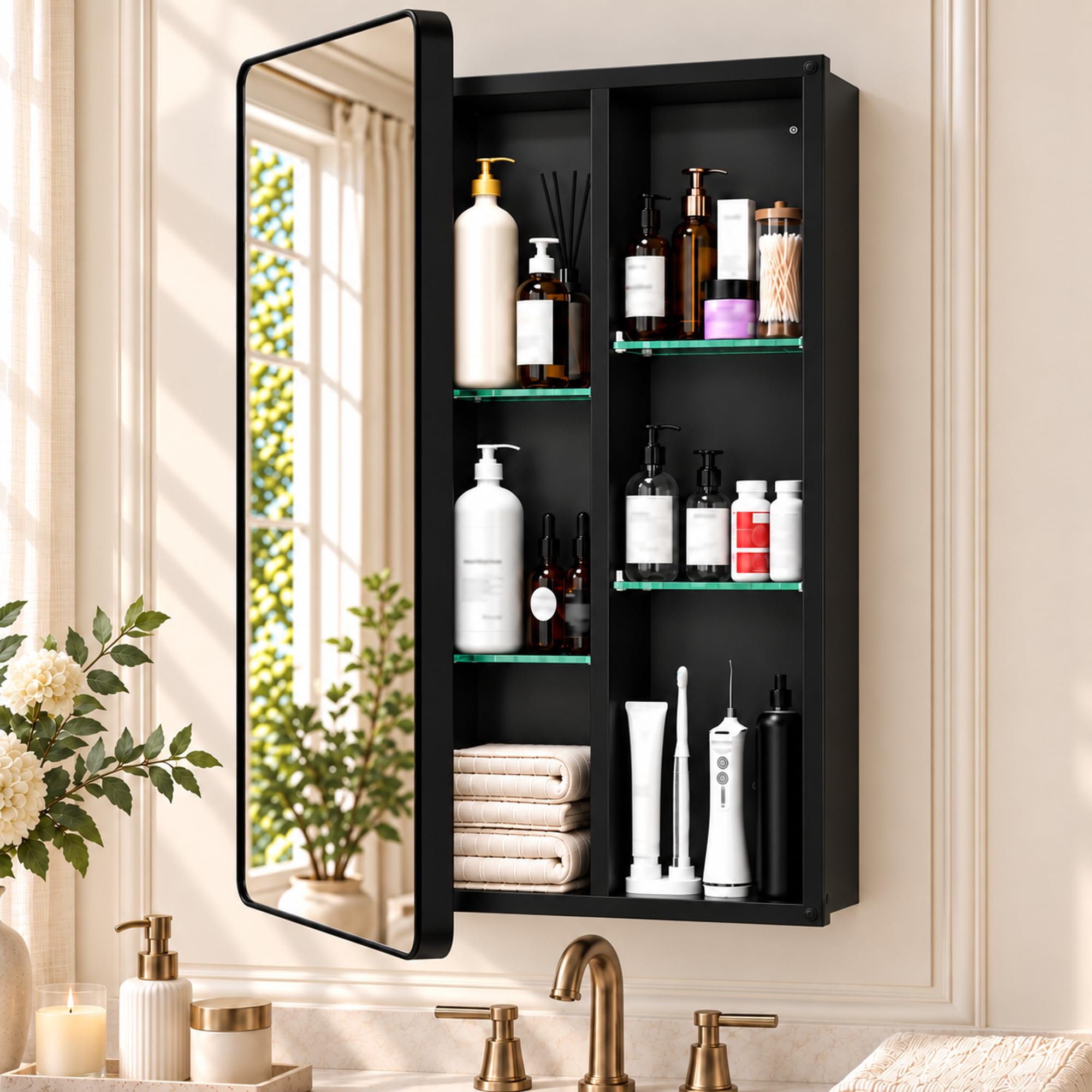 Medicine Cabinet 16x25.5 Inch, Matte Black Aluminum Bathroom Mirror Cabinet with Storage, 4 Adjustable Glass Shelves, Rust Proof, Recessed or Surface Mount Wall Cabinet, DTC Soft Close Hinges