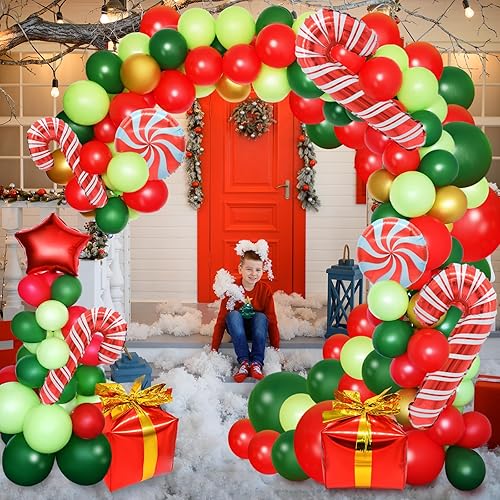 Miniatura 7 de Kit de arco de guirnalda de globos de Navidad, 148 piezas, globos de látex rojo, dorado, verde, caja de regalo, globos de Mylar de bastón de