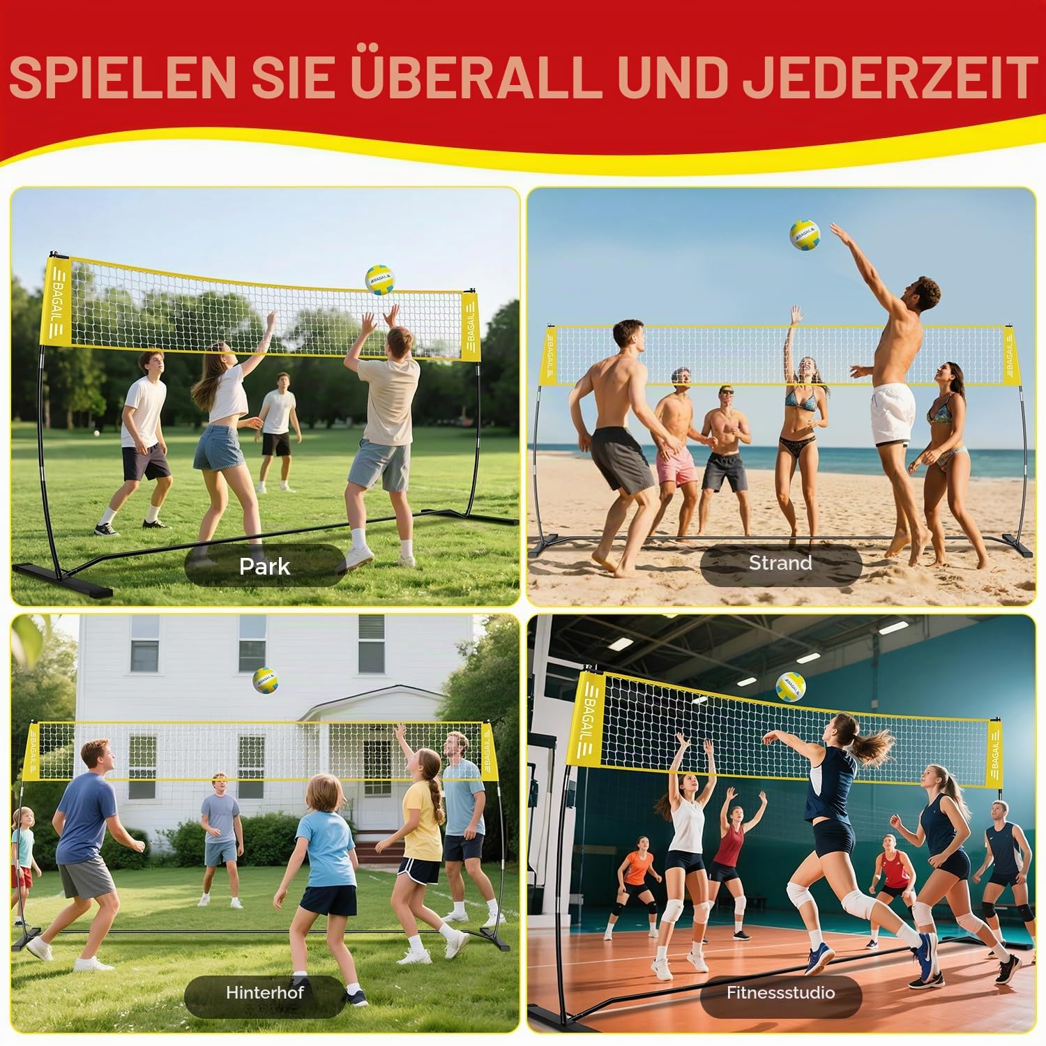 BAGAIL Volleyballnetz, 3.6m/6.1m Volleyballnetz für den Garten - Verstellbare Höhe, Heavy-Duty-Rahmen, Freistehendes Design - Tragbares Outdoor/Indoor-Volleyball-Set mit Tragetasche