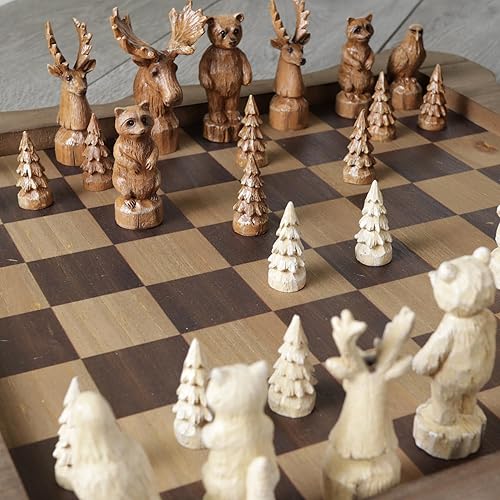 Miniatura 4 de Needzo Juego de ajedrez de madera tallada en el bosque, piezas de vida silvestre hechas a mano, tablero de madera rústica, 15 pulgadas