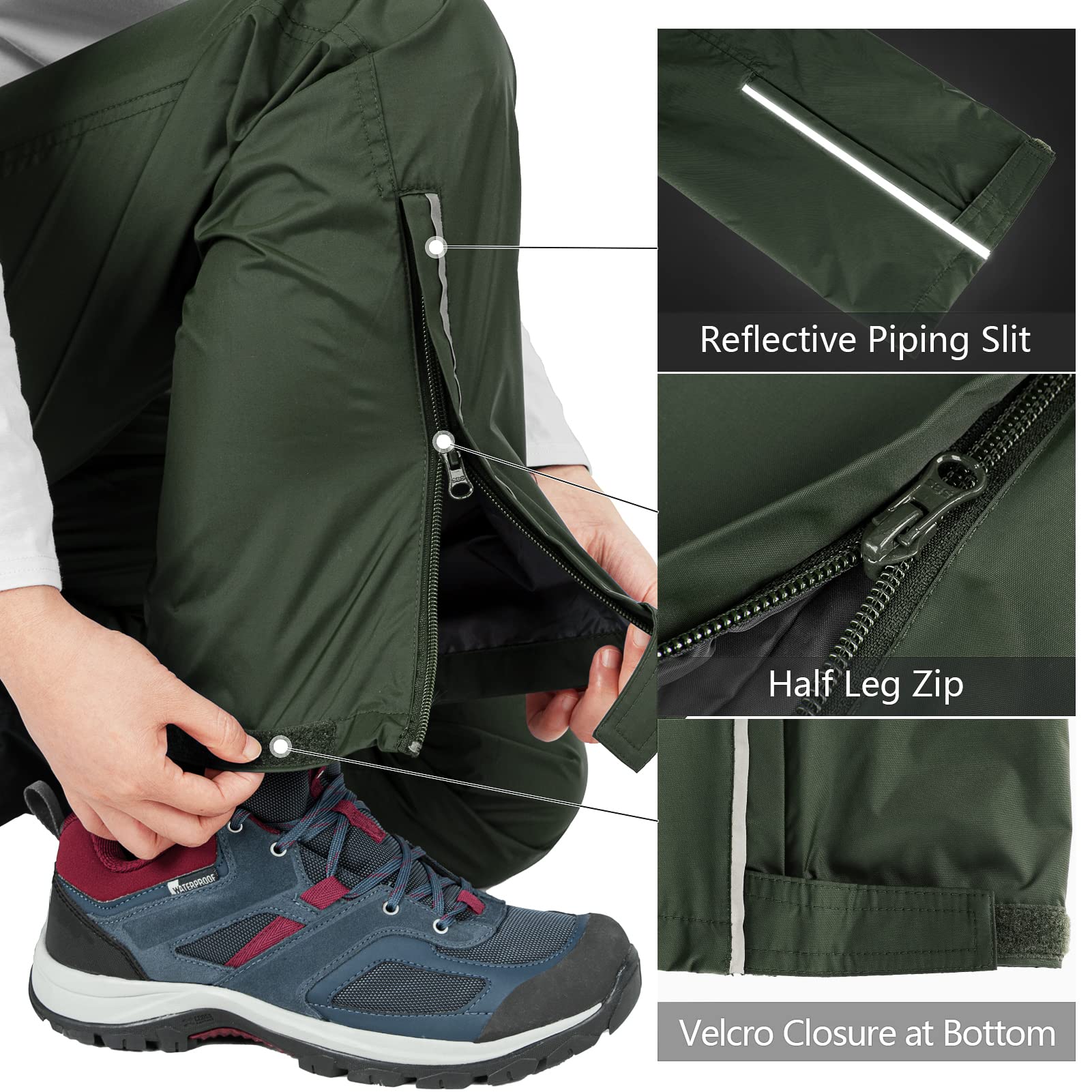 33,000ft Pantalones de lluvia para mujer, impermeables, transpirables, ligeros, resistentes al viento, ropa para exteriores, Verde militar., 21