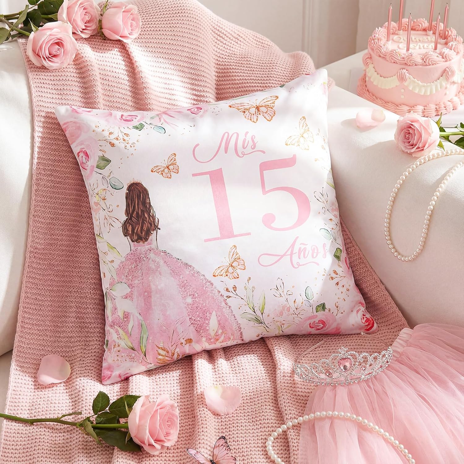 Kathfly Cojines para 15 Años De Quinceañera Decoration 16 x 16 Inche Pink Quinceañera Pillow Gifts Mis Xv Años Throw Pillow Sweet for Daughter Sister Friend 15th Birthday Gifts