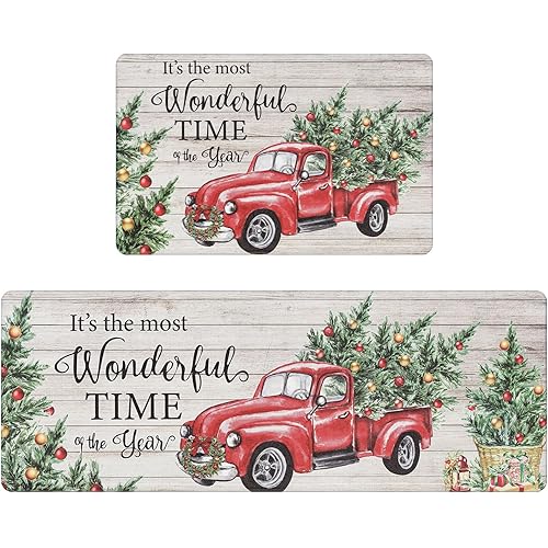 U'Artlines 2Pcs Christmas Anti Fatigue Kitchen Rugs and Mats, Red Truck Tree Non Slip Foam Cushioned Farmhouse Kitchen Floor Mats Comfort Standing Mats for Winter Home Decor
