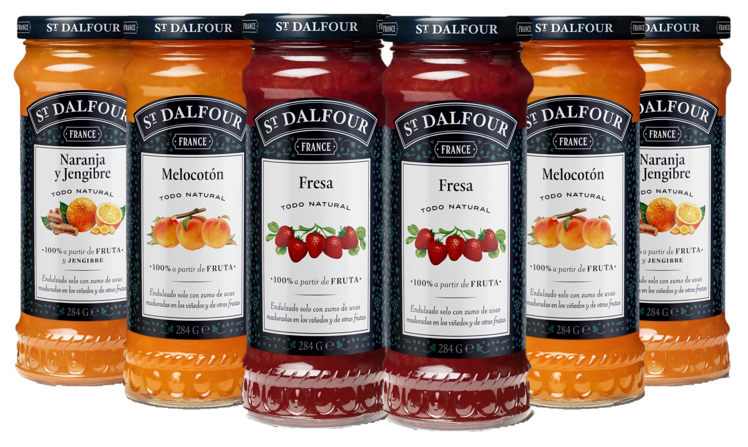 St Dalfour CAJA MIXTA | 2 frascos FRESA, 2 frascos MELOCOTÓN, 2 frascos NARANJA & JENGIBRE | Mermelada natural | Caja 6 frascos x 284gr | 100% fruta sin azúcares añadidos