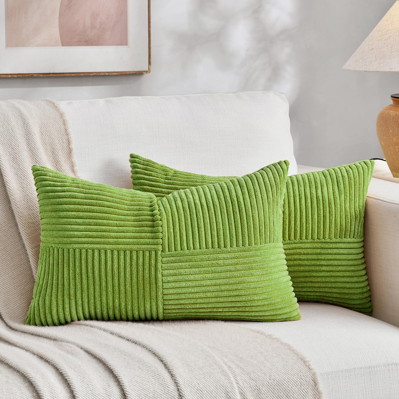 Fancy Homi Set of 2 Lime Green Long Lumbar Decorative Throw Pillow Covers 16x24 Inch for Couch Bed Sofa, Modern Farmhouse Boho Home Decor, Soft Striped Corduroy Rectangle Accent Cushion Case 40x60 cm — image 1