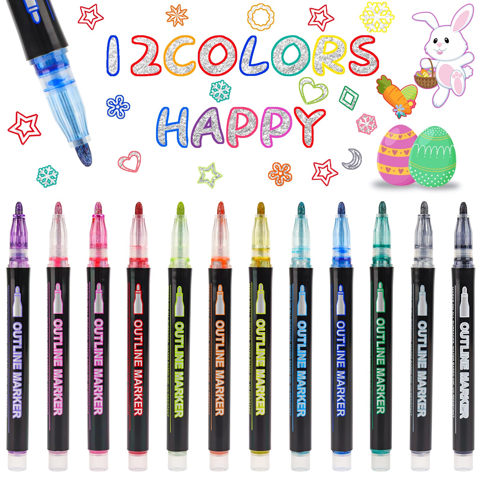 12 Colours Glitter Markers, Children's Birthday Gifts, Metallic Lettering, Contour Pens, Magic Markers for Children, Scrapbooking, Painting