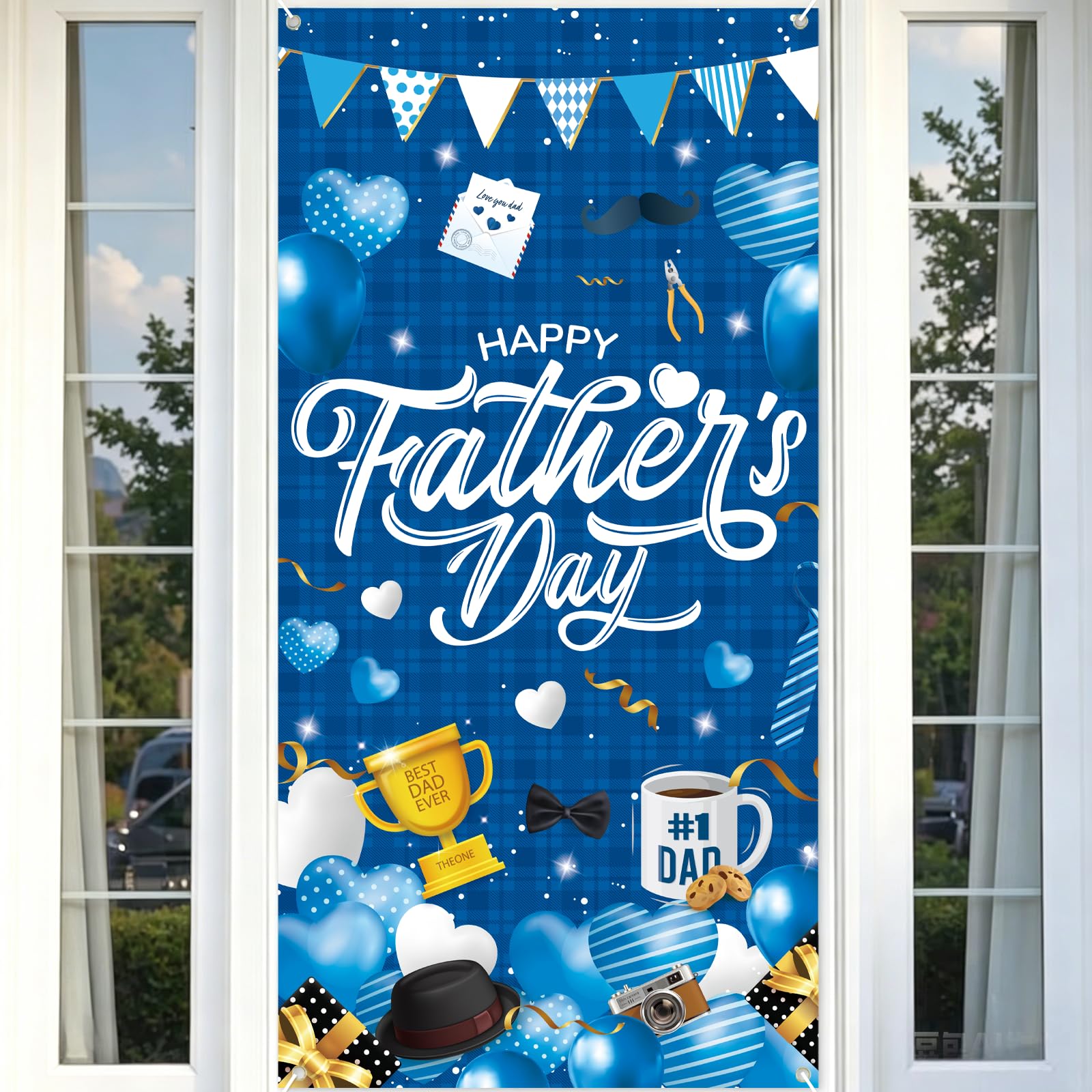 Fathers Day Decorations Happy Father's Day Door Cover Banner Decoration Hanging Backdrop Blue Heart Balloon Design Door Banner Indoor Outdoor Party Decorations for Dad Birthday Party Photo Booth