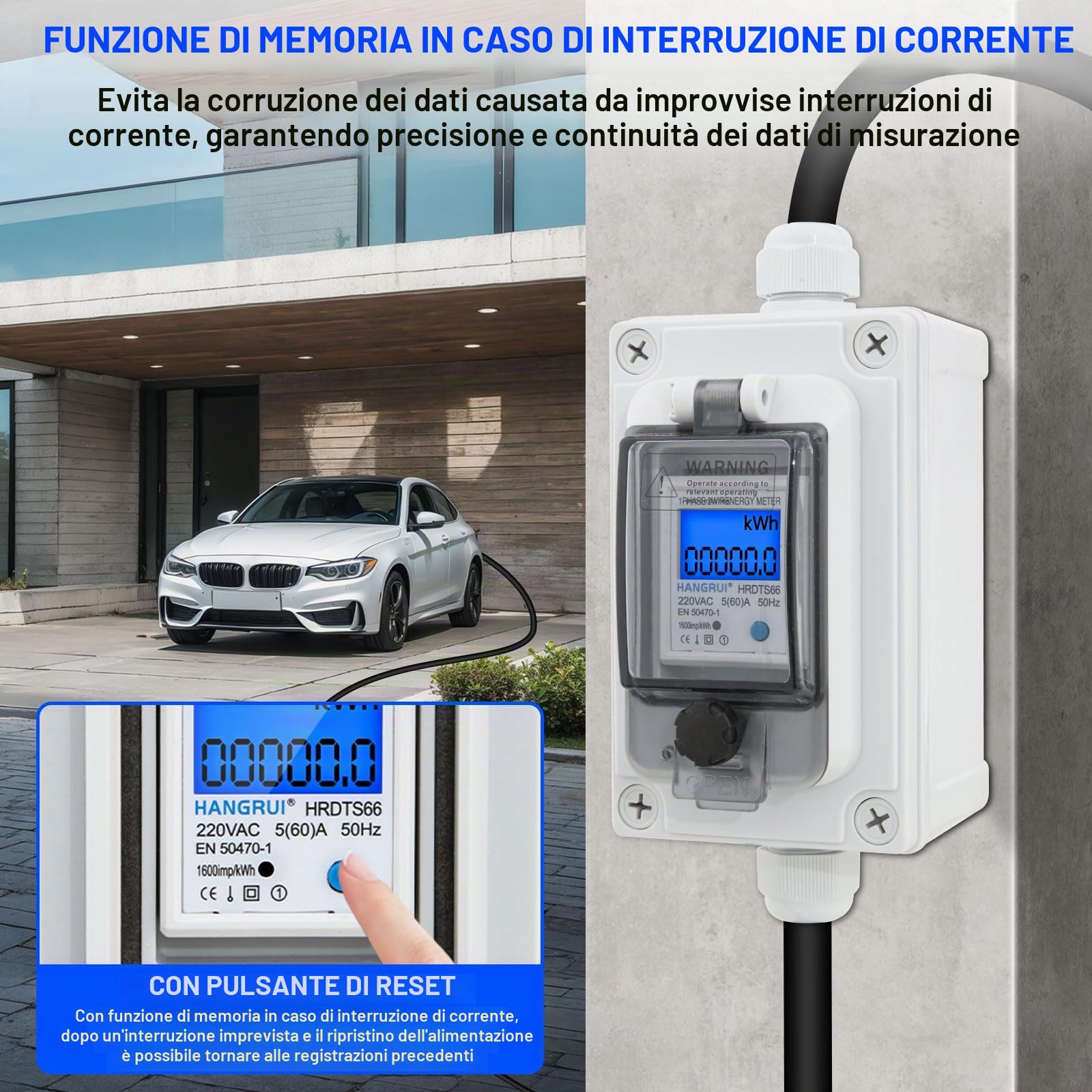 Contatore di corrente mobile 16A CEE con Display Digitale, Contatore Elettrico Digitale Mobile con spina CEE e accoppiamento, per Camping, Caravans, Veicoli Elettrici, Cantieri, Contatore Mobile