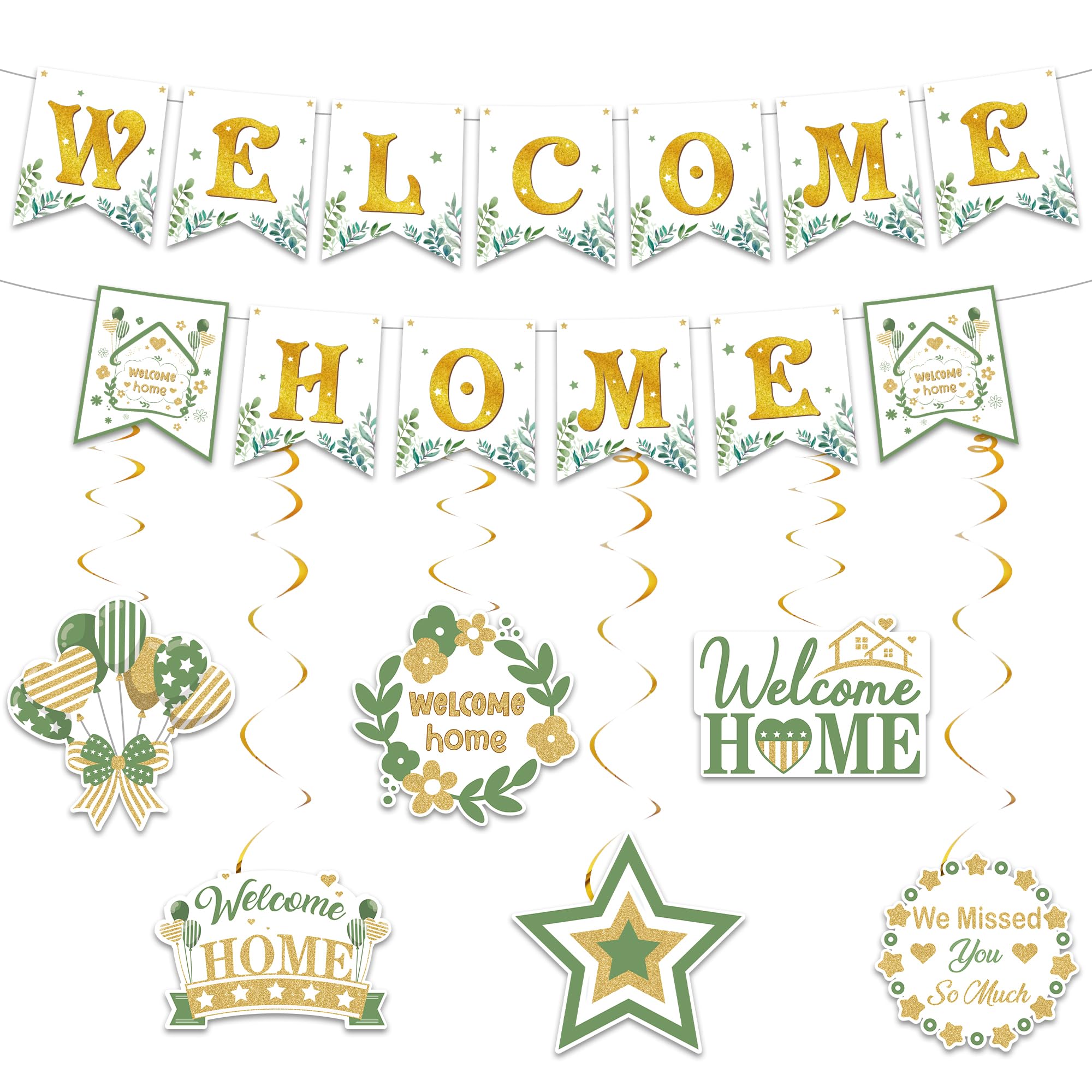 Welcome Home Banners Green Gold - WELCOME HOME Letter Garland and Hanging Background Decorations for Military Returning House Warming, Baby Shower Homecoming Family Party Indoor Outdoor