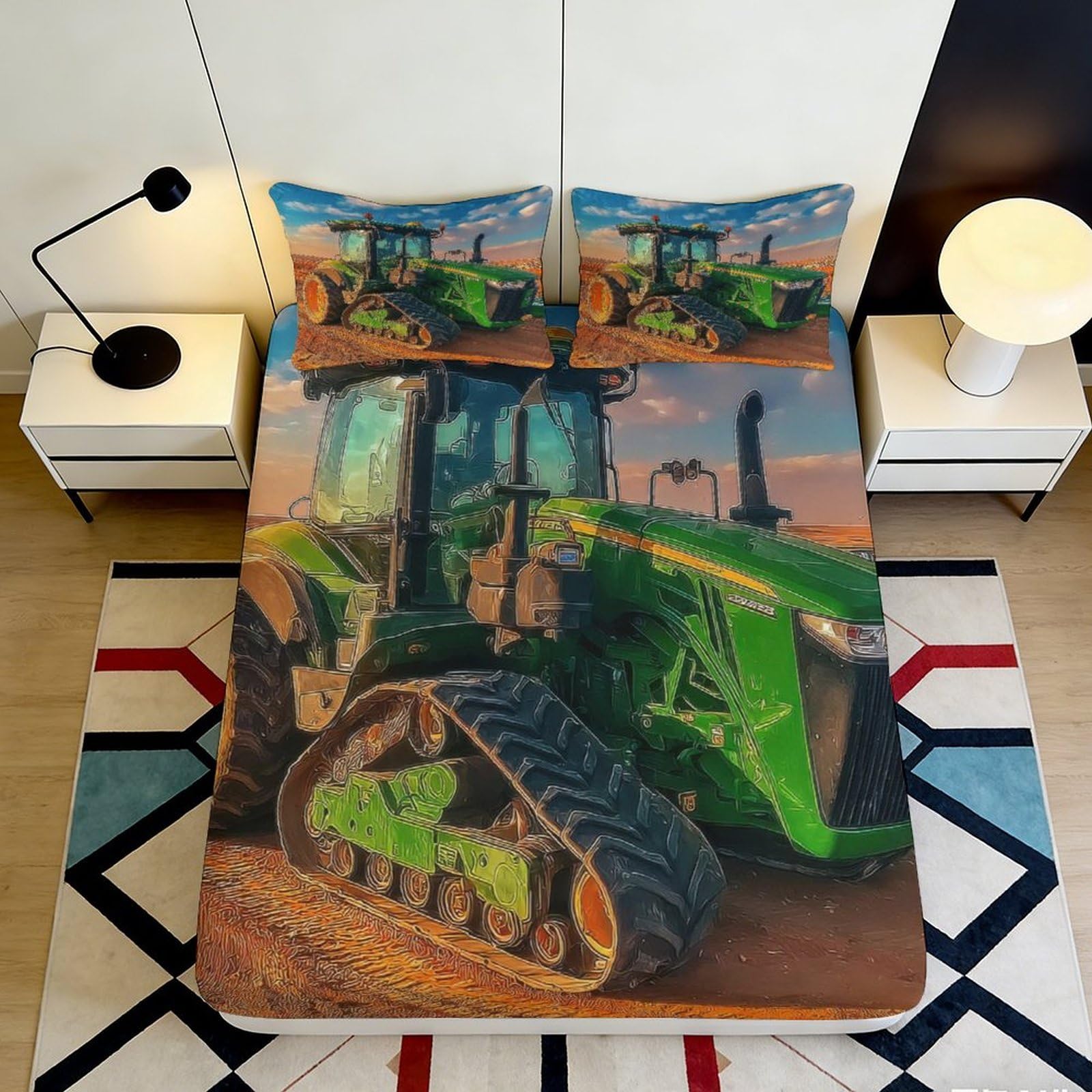 Jqzkxnhpbr Style-5 3D Printed Green Tractor Fitted Sheet Microfiber Soft Non Slip Farm Machinery Bed Cover For Bedroom Decor 90X200x25cm