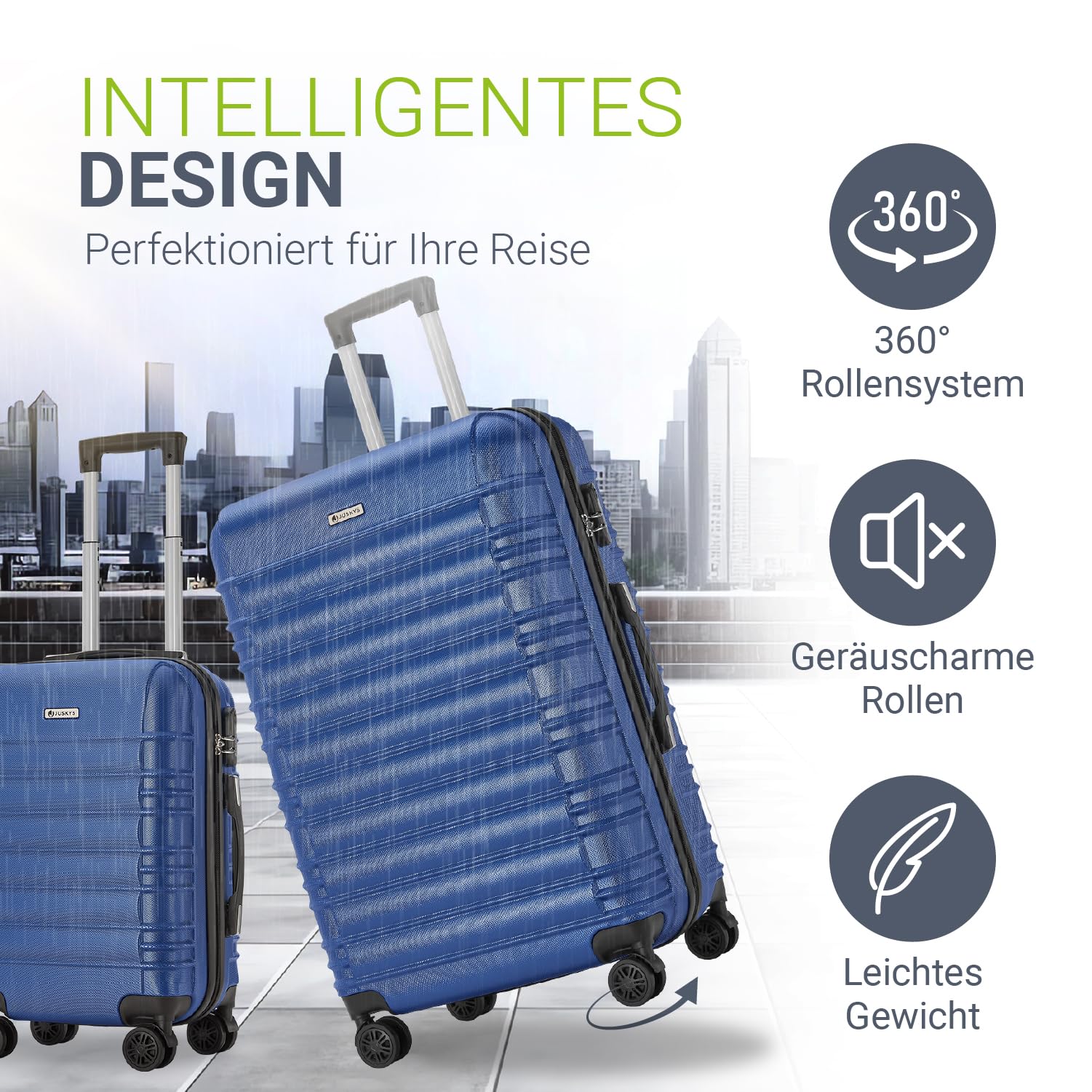 Juskys® Hartschale Kofferset Reisekoffer 4 teilig - Zahlenschloss, geräuscharme 360° Rollen groß, Teleskopgriff, leicht - Koffer in Blau