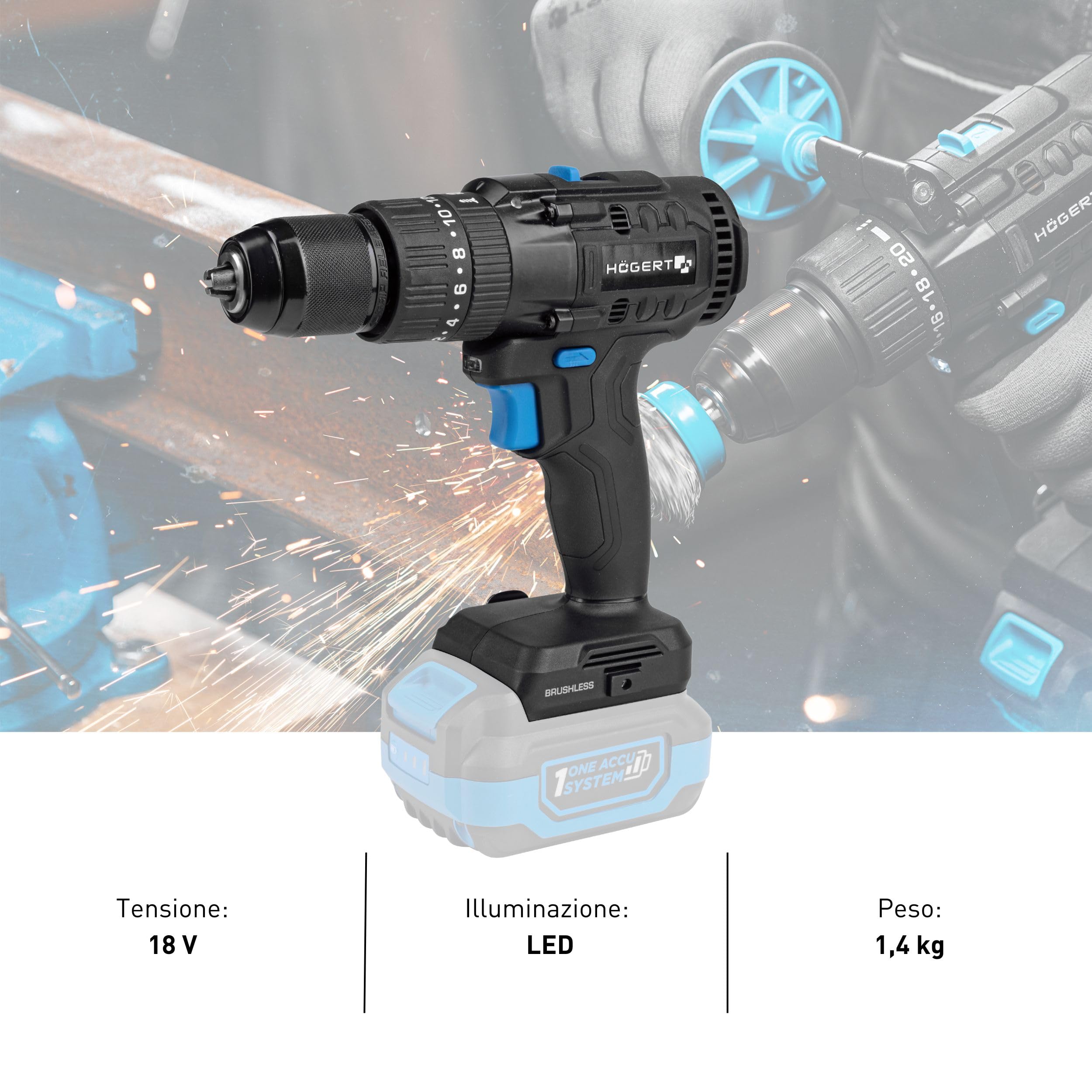 HÖGERT TECHNIK Kit perceuse à percussion brushless 18V, couple 80 Nm, batterie 4,0 Ah, chargeur 4A, éclairage LED, engrenage métallique, pour bois et métal + PROMO batterie 2,0 Ah