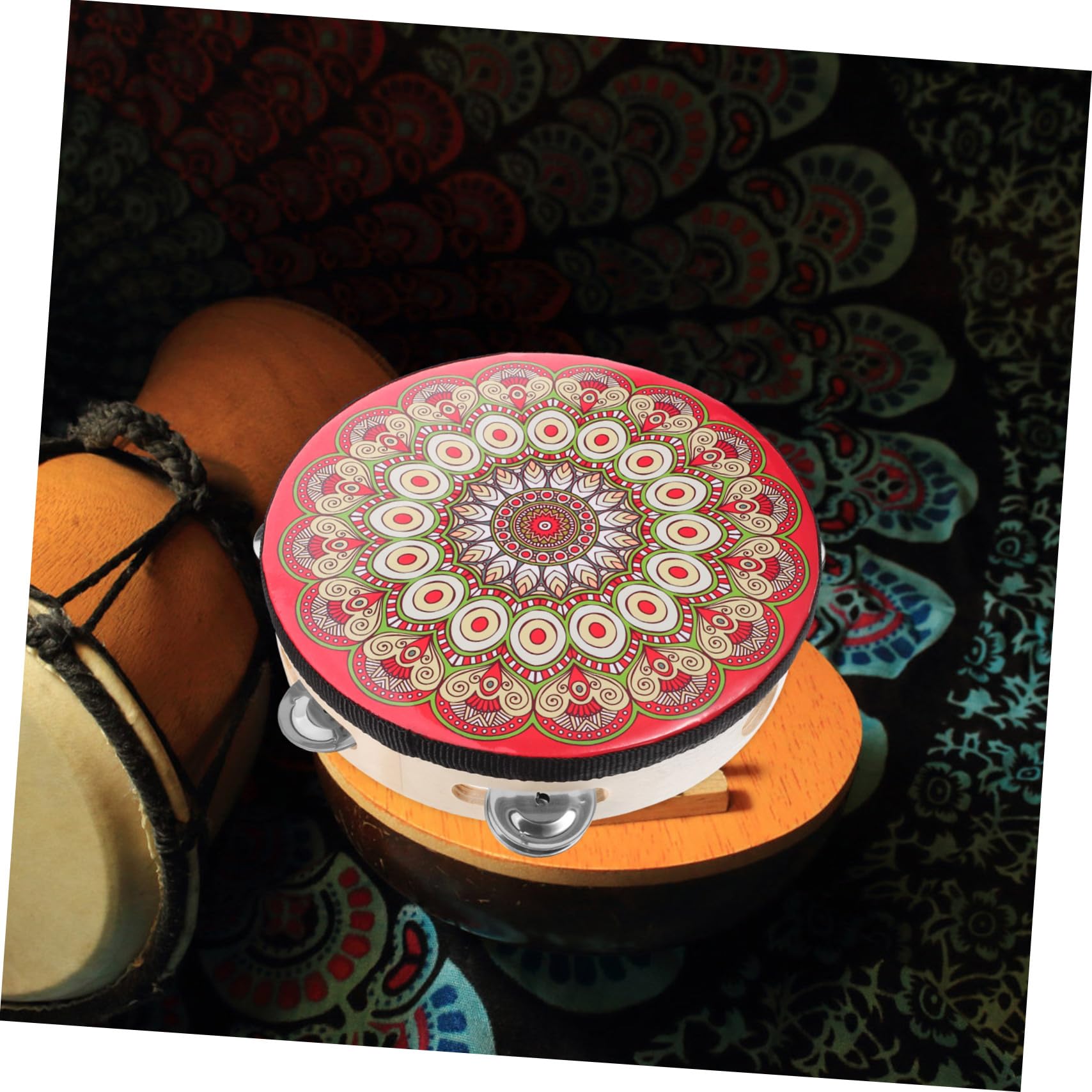 ibasenice 5pièces Tambourin Bois Avec Motifs Uniques Instrument De Percussion Pour Performances De Danse Église Et Karaoké Tambour à Main Pour Adultes