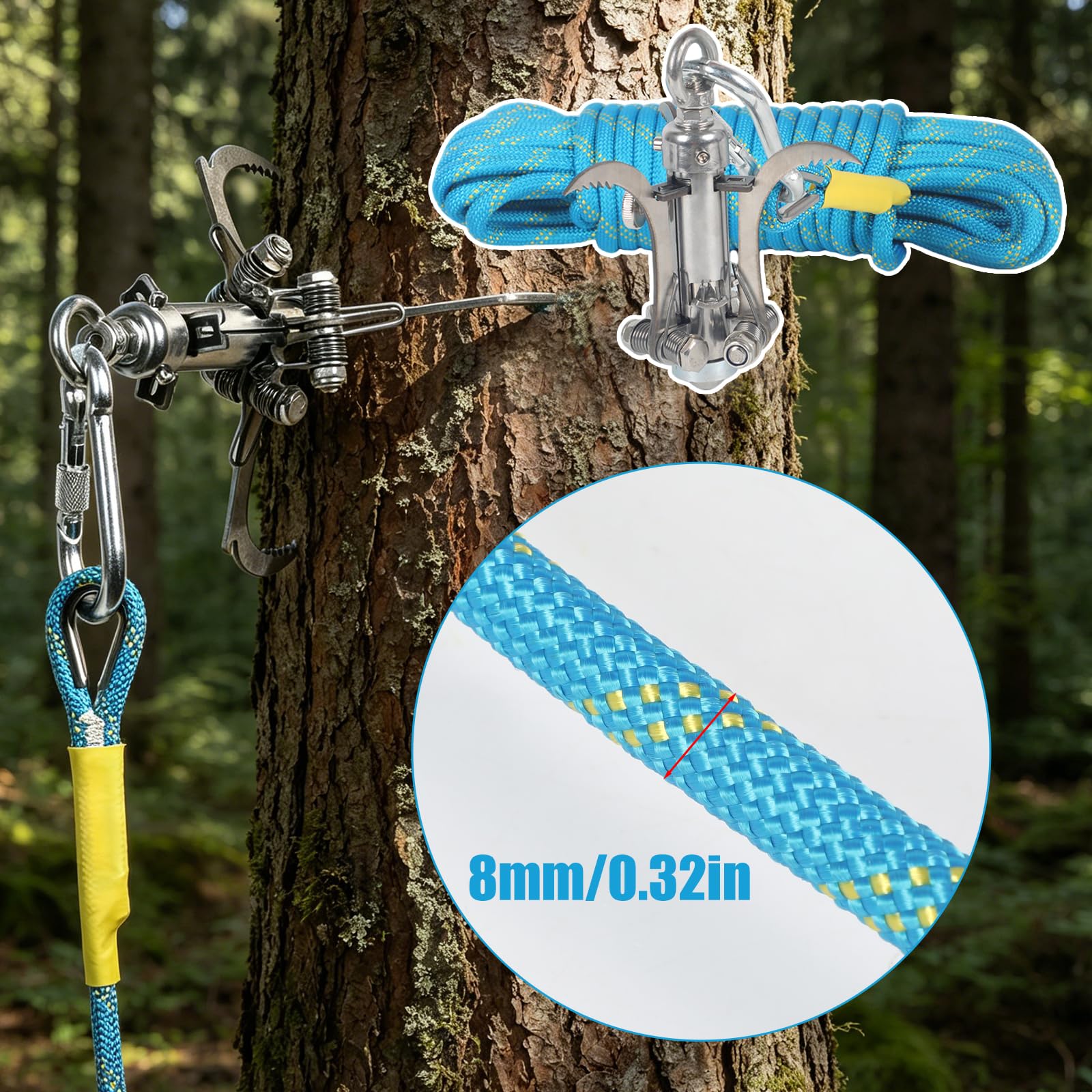 Grappin à 3 griffes auto-agrippant - En acier inoxydable - Robuste - Pliable - Pour la survie en plein air, le camping, la randonnée, l'escalade dans les arbres - Avec bouton de verrouillage de