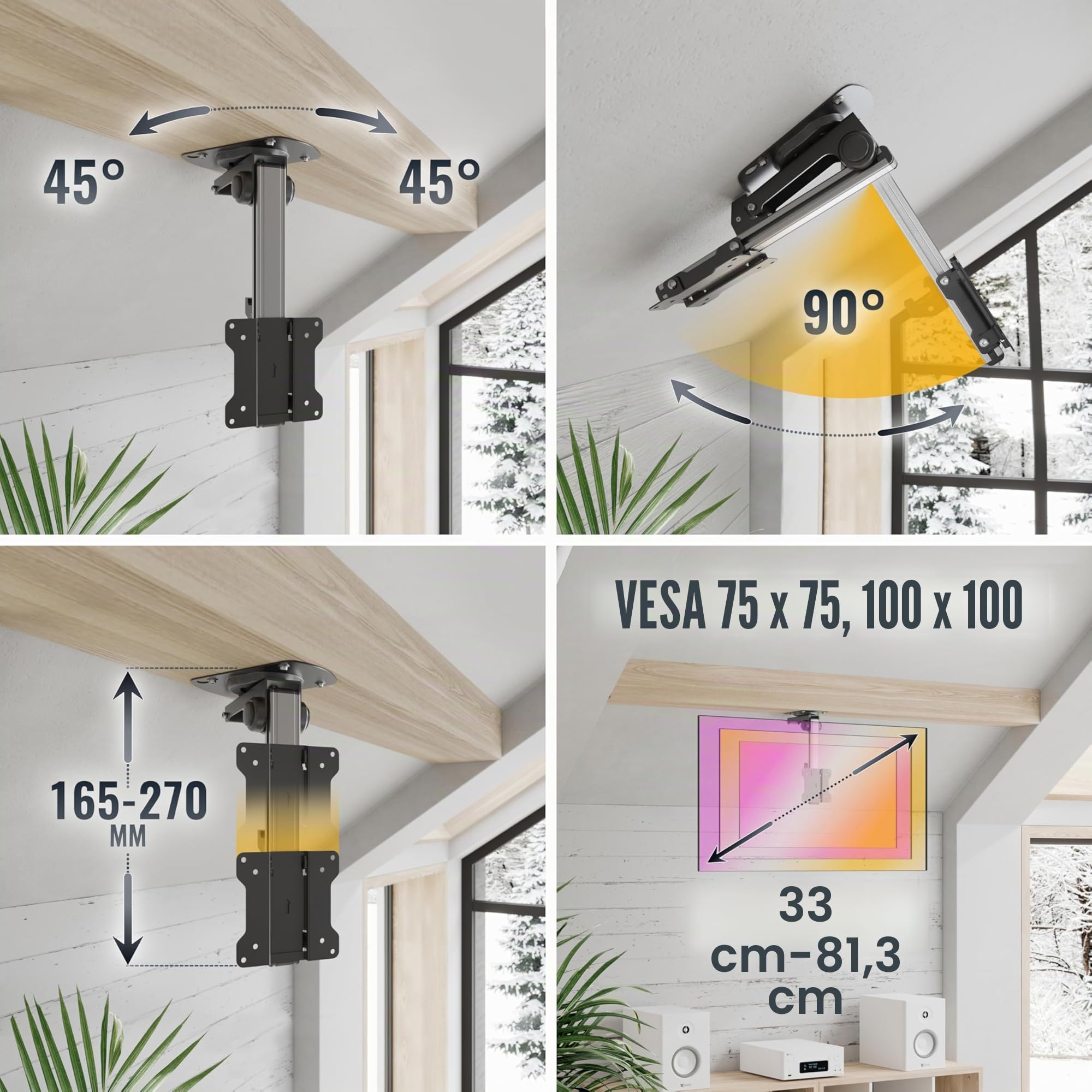 RICOO D0111 Support Écran PC TV Plafond 13 17 19 22 24 27 28 32 Pouces Orientable Pliable Hauteur réglable QLED OLED LED LCD VESA 75x75 100x100