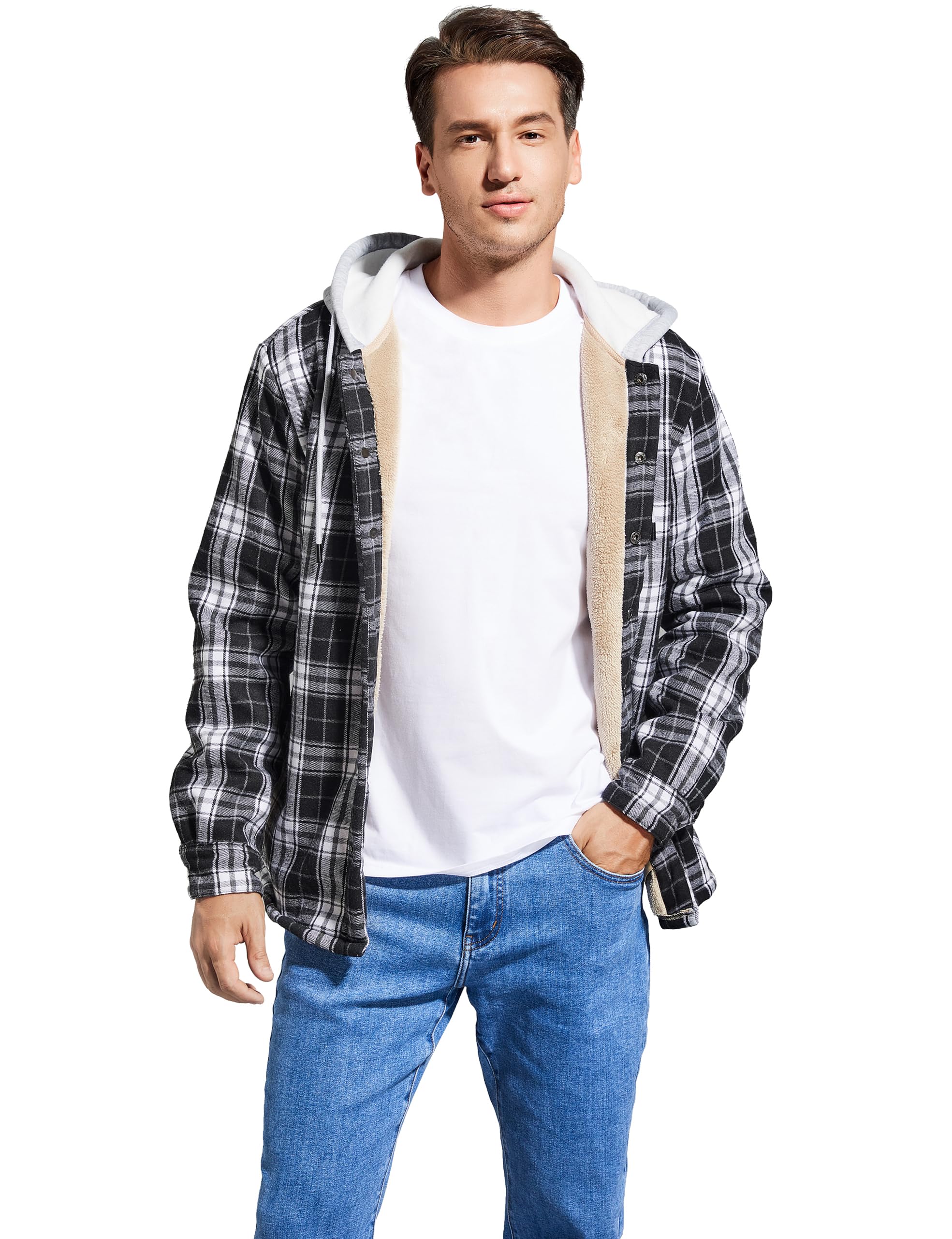 IVUMA Herrenhemden, Baumwolle, kariert, langärmelig, Fleece-gefüttert, Flanellhemden, Sherpa-Mantel mit Kapuze
