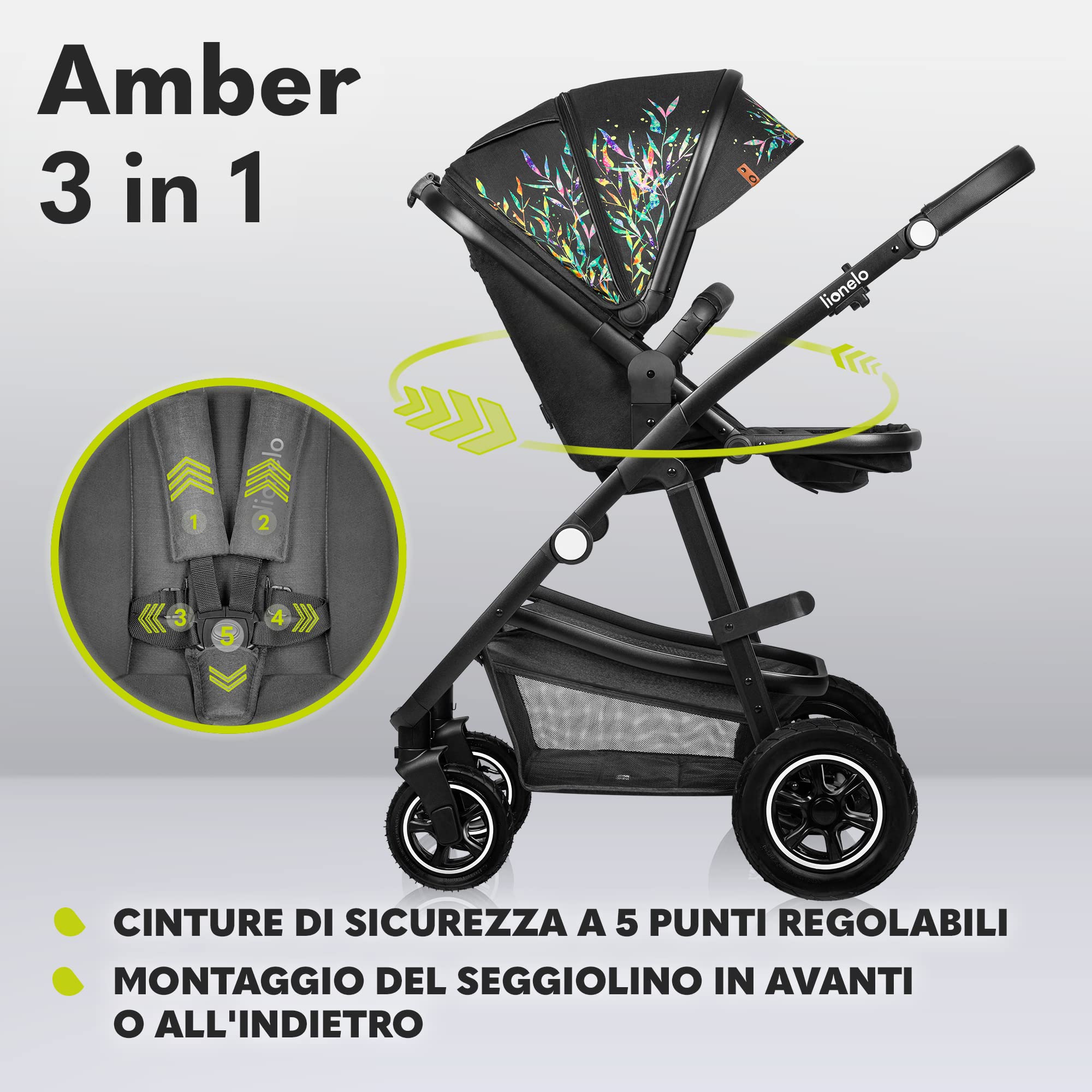 LIONELO Amber Passeggino Trio 0-22 kg Passeggino set 3-in-1: Passeggino + Navicella + Ovetto per neonato e bambini 0 fino a 48 mesi o 22 kg Regolabile e pieghevole, Ruote grandi, Cappotina XXL | Passeggino Per bambini Fino a 22 kg con Navicella e Ovetto,