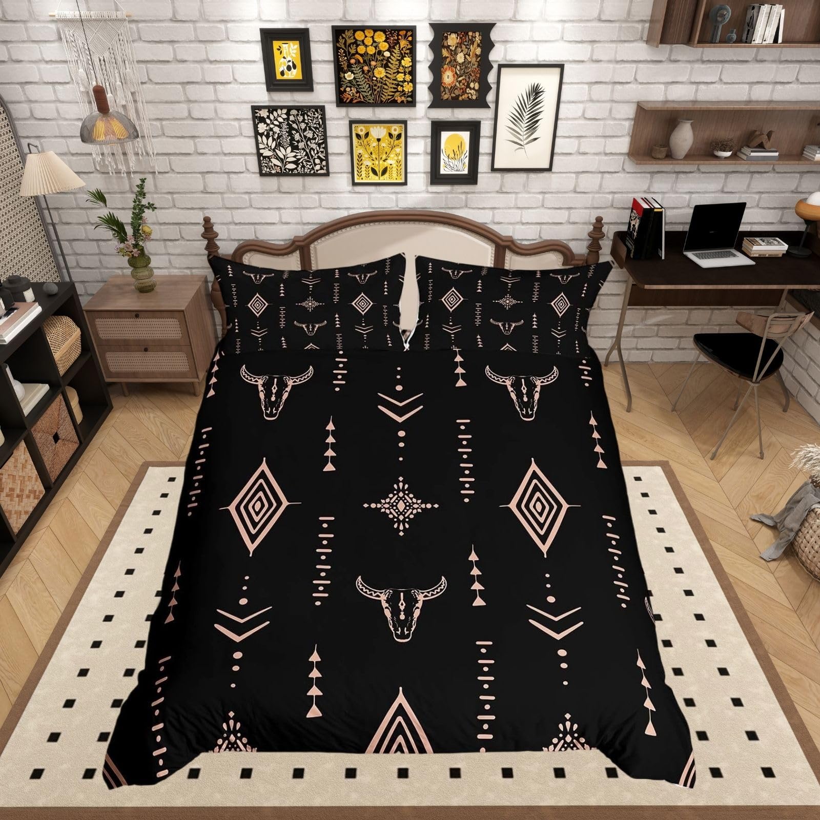 Homewish Aztec Bohemian Duvet Cover Set Super King Size - Boho Geometric Pattern Bedding Soft Microfibre - Western Bull Skull Print Quilt Cover with Black Reverse - Ethnic Tribal Brown Bed Set