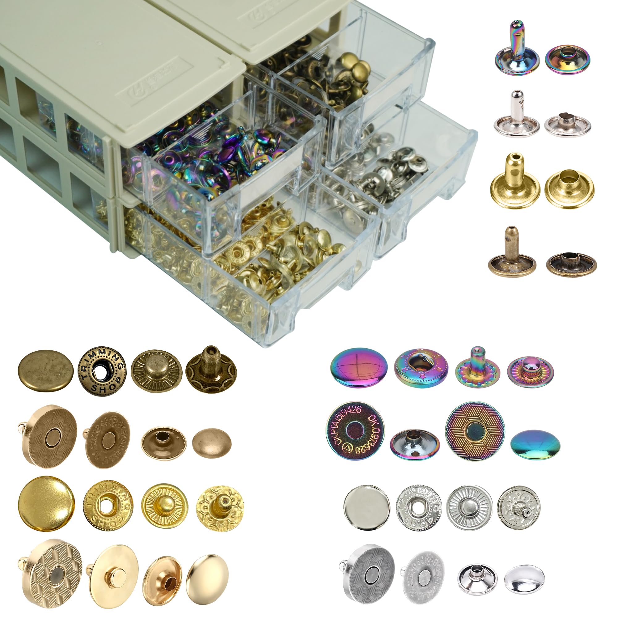 Trimming Shop Kit de cierre de cuero para manualidades, remaches tubulares de doble tapa de 8 mm, pernos de resorte en S de 15 mm, cierres magnéticos de 14 mm y caja de almacenamiento apilable para