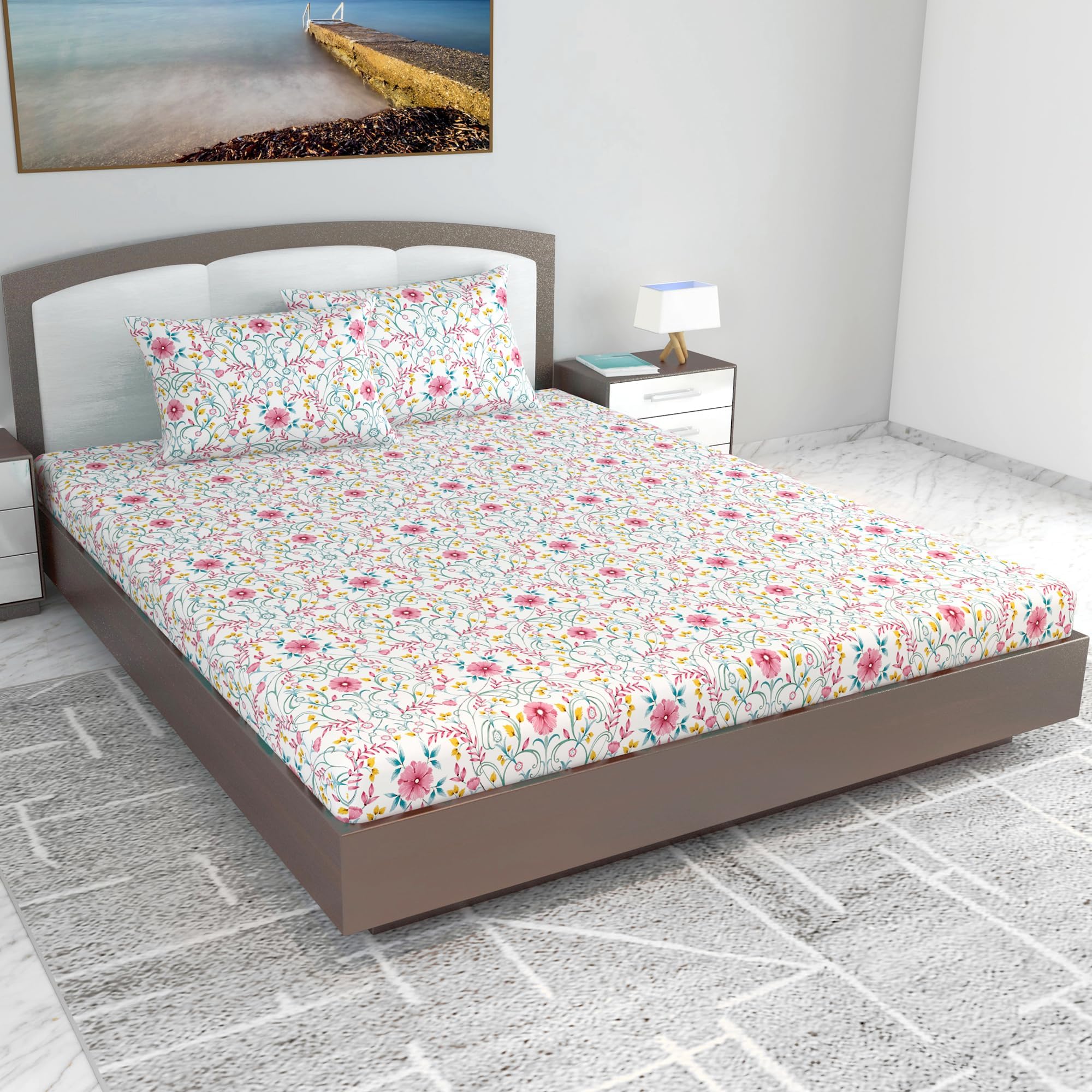 Divine Casa 144 TC Cotton White Jaipuri Bedsheets for King Size with 2 Pillow Covers (274 x 274 CM, Liberty Pink)