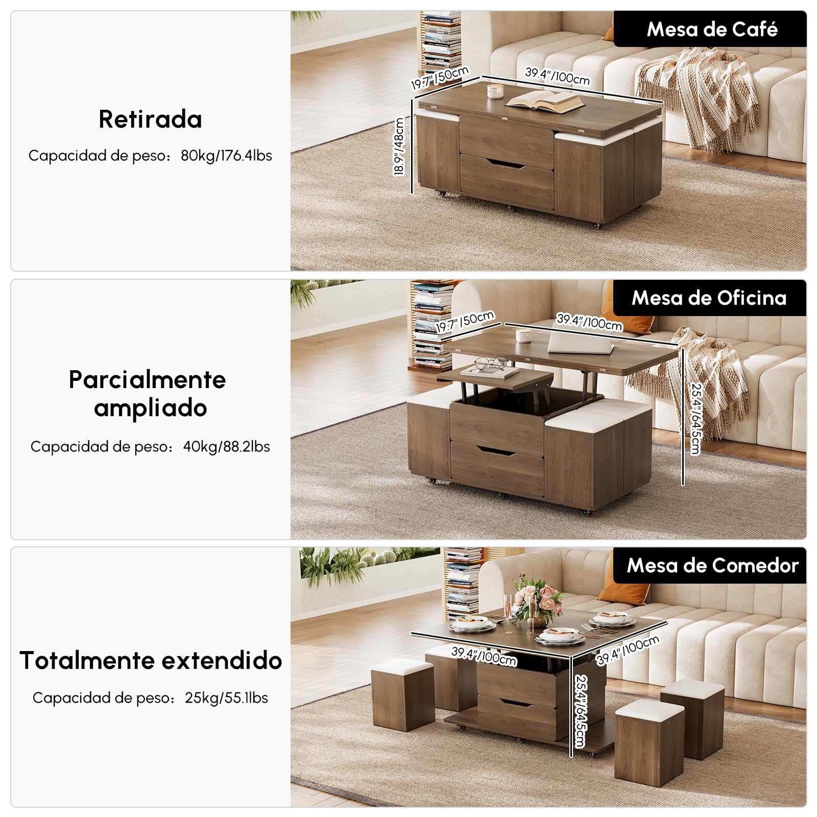 Homary Mesa de Centro Elevable con 4 Taburetes 100 X 50cm Nogal Mesa Elevable con Mecanismo Hidráulico y Almacenaje Oculto,Extensible con Rueda Bloqueable Función Convertible para Oficina o Comedor