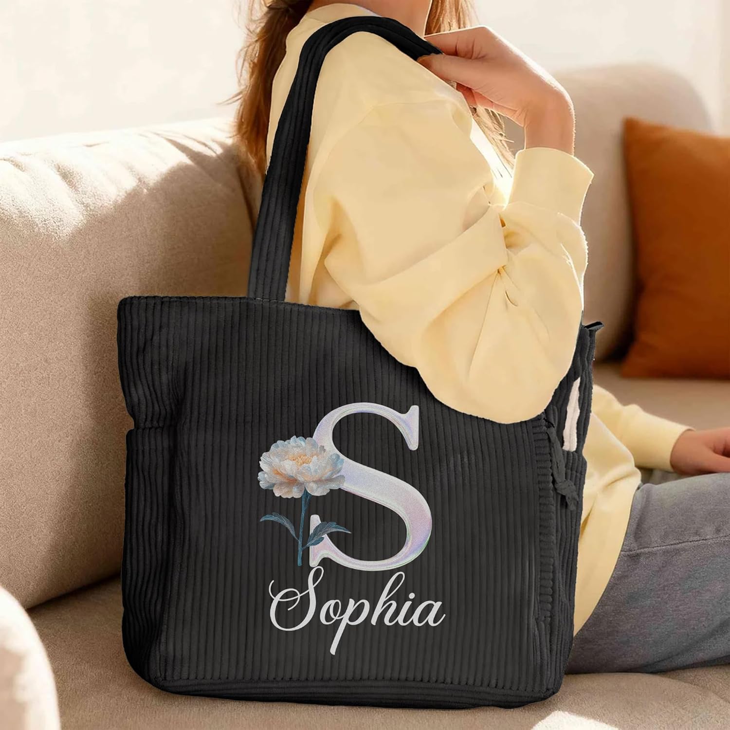 Personalized Mother of Pearl Initial Tote Bag For Women Cute Corduroy Custom Name Birth Flower Work Tote Bag Large Everyday Travel Handbags With Zipper Birthday Gifts for Mom Grandma Daughter - Image 2