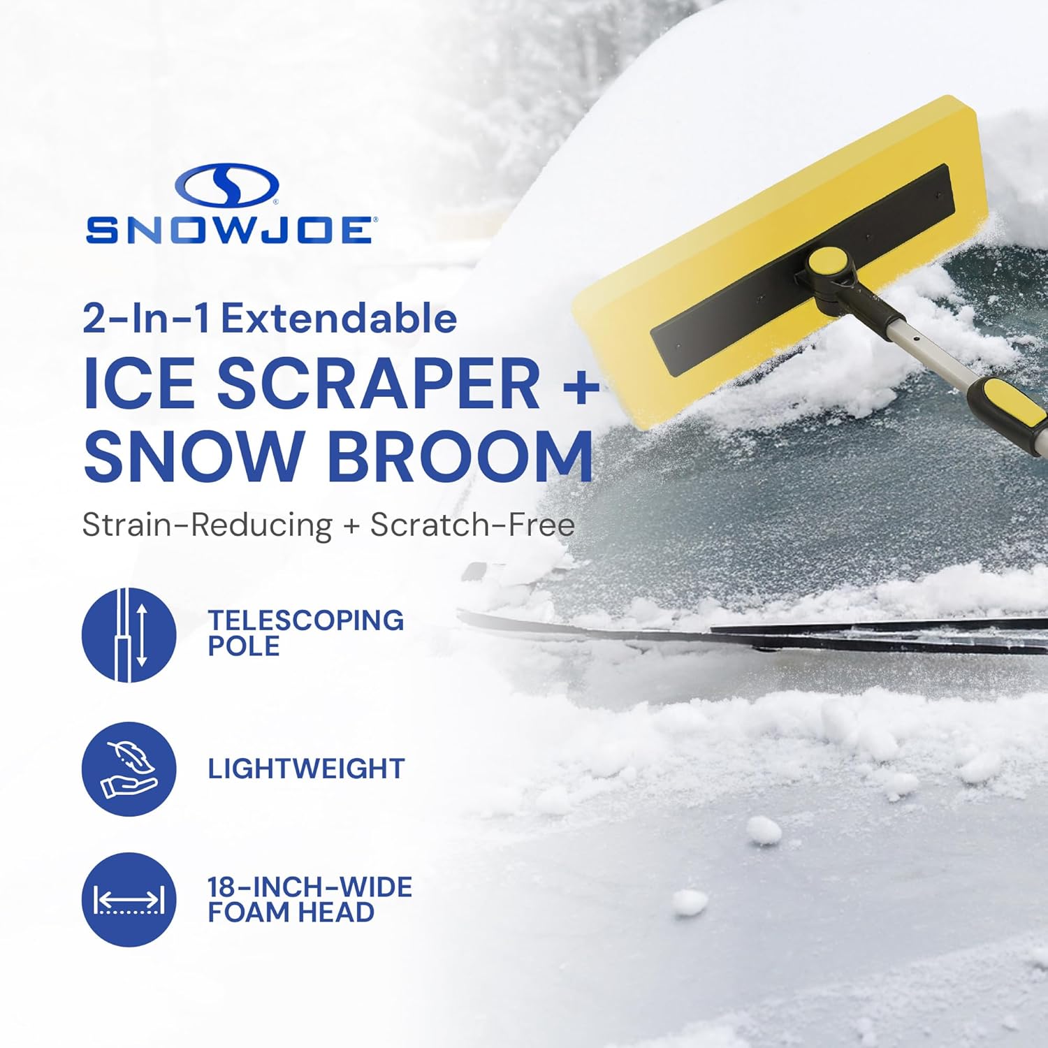 Snow Joe 2-in-1 Telescoping Snow Broom and Ice Scraper with 18-Inch Non-Scratch Foam Head - Car Cleaning Tool with Long Extendable Handle for Windshield, Roof, Truck, and SUV, SJBLZD-PRX