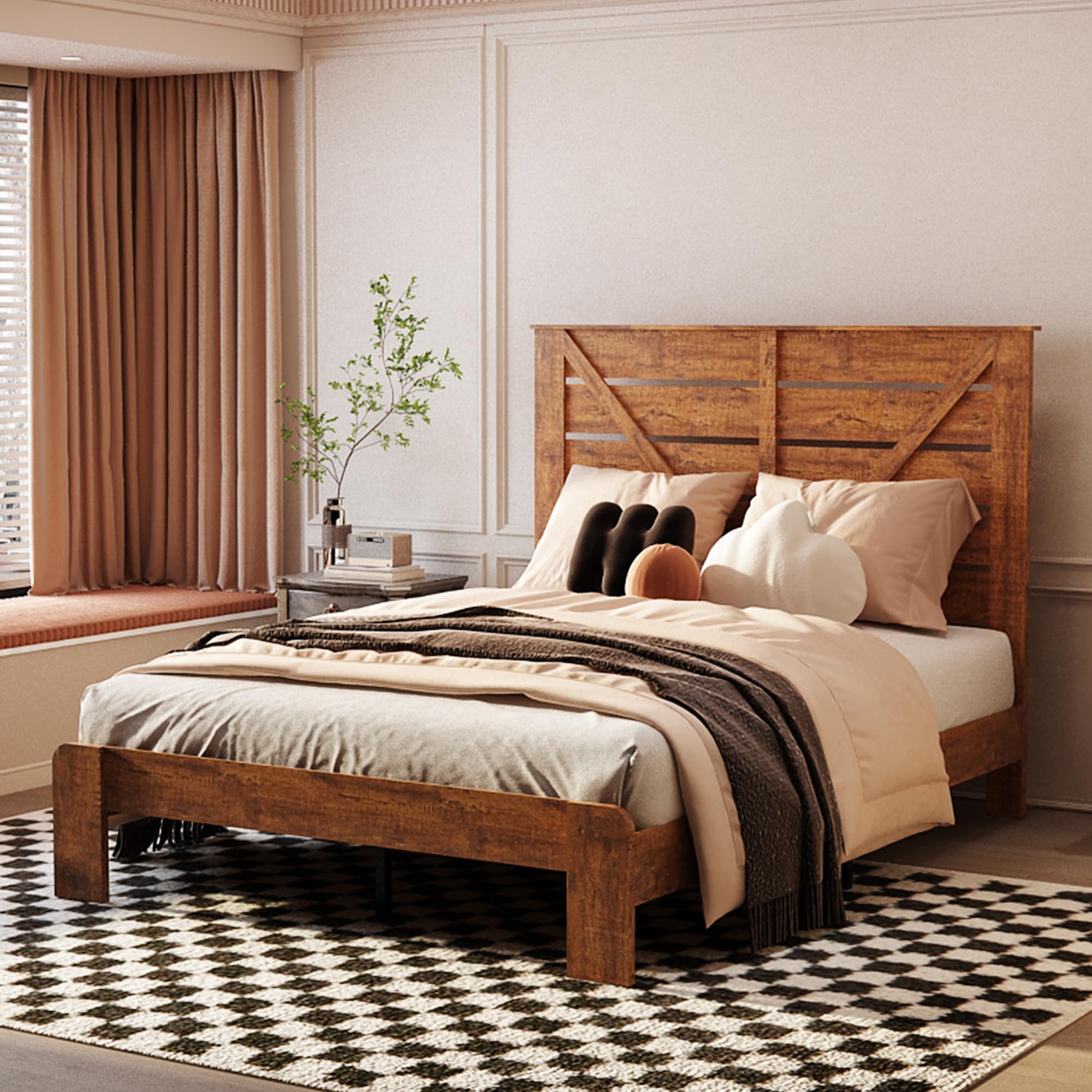 Bed Frame Headboard, Wood Platform Bed Frame, Noise Free,No Box Spring Needed and Easy Assembly Tool,Large Under Bed Storage, Vintage Brown (Dark Brown, Queen)