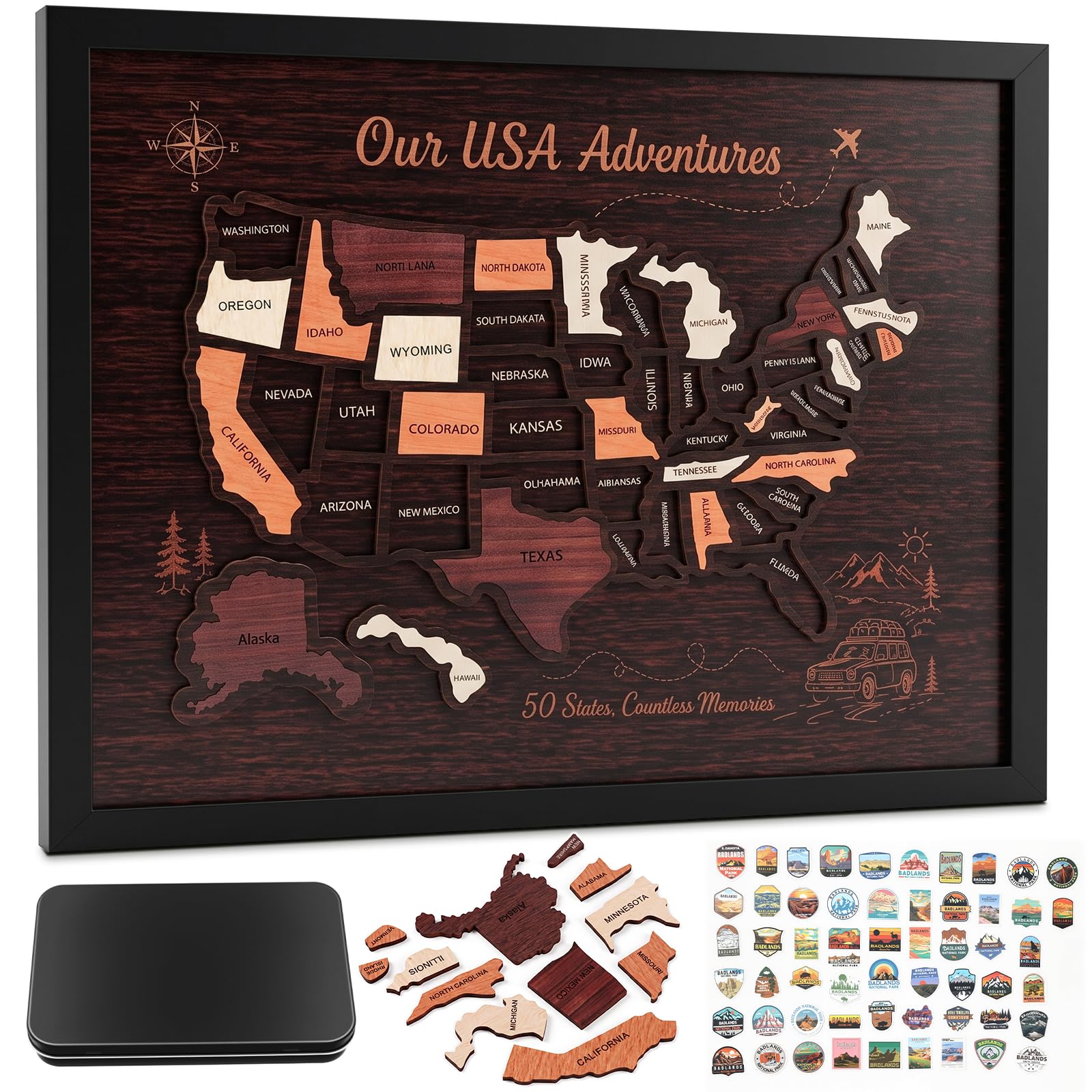 Rompecabezas de mapa de viaje de madera, 15 x 12 estados, mapa de viaje de Estados Unidos para marcar lugares visitados, regalo de decoración de pared de Estados Unidos para parejas y familias