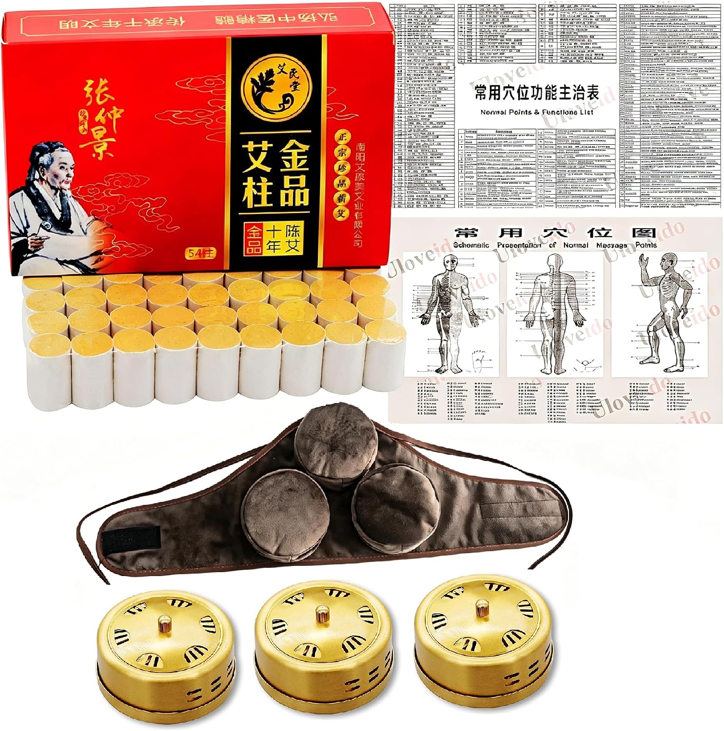 Uloveido 3-in-1 Moxibustion Burner Set with Cloth Wrap Belt, Stainless Steel Smokeless Moxa Holders, 60:1 Pure Mugwort Moxa Rolls for Waist Abdomen Back Shoulder Relaxation