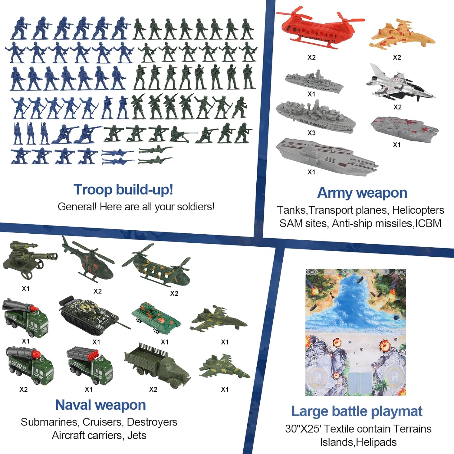 Army Men Playset - Large Set Including Army Men Action Figures, Battle Mat, Army and Navy Weapon Gear Accessories, Military Combat Toys, Army Toys for Boys Age 4-12