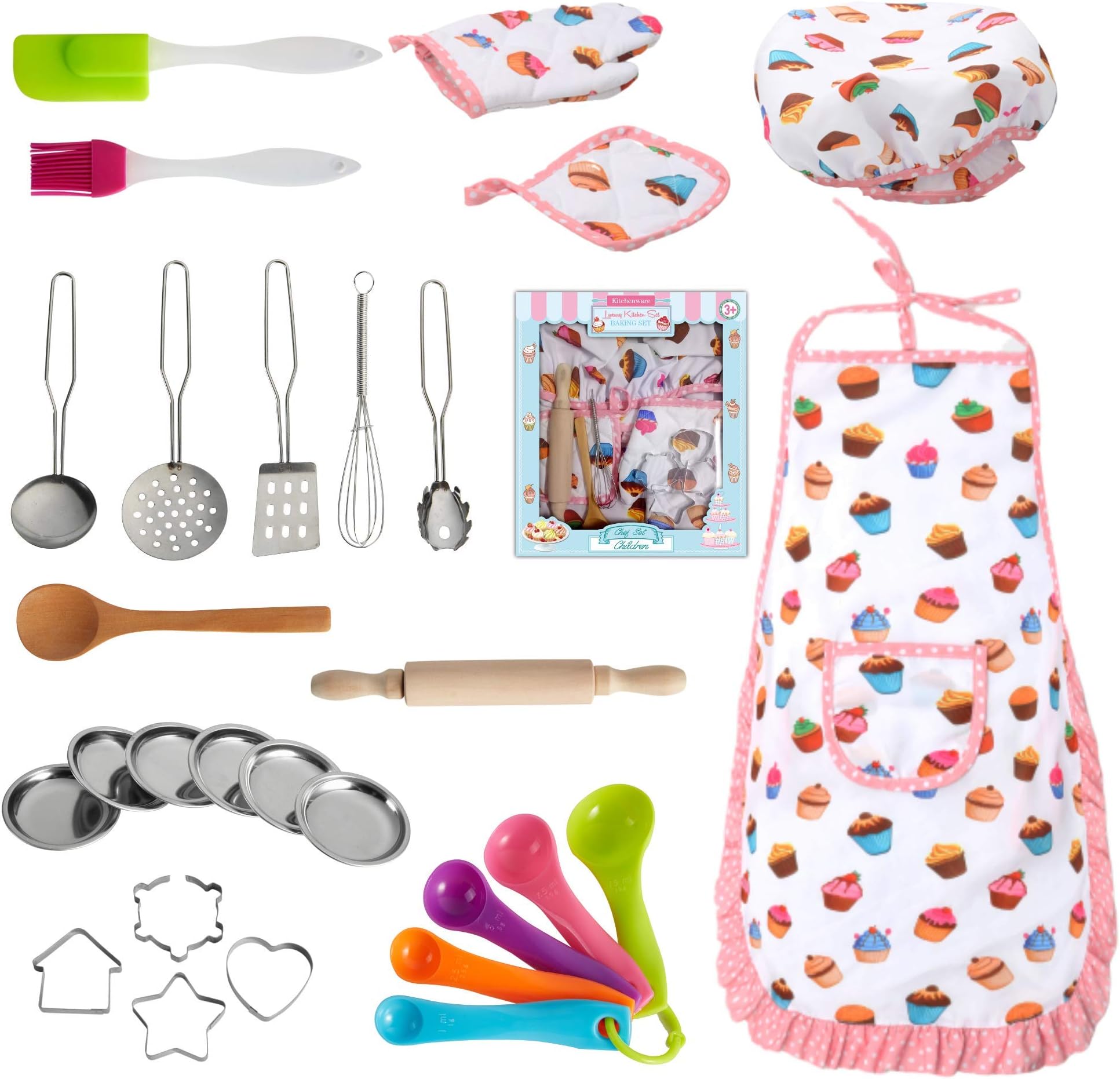 Nearbyme Kids Cooking and Baking Chef Set - 28 Pcs Includes Apron, Chef Hat, Oven Mitt, Pot Holders, Plates, Rolling Pin, Spoon, Cookie Cutters and Baking Utensil for Age 3+ Girls Gift