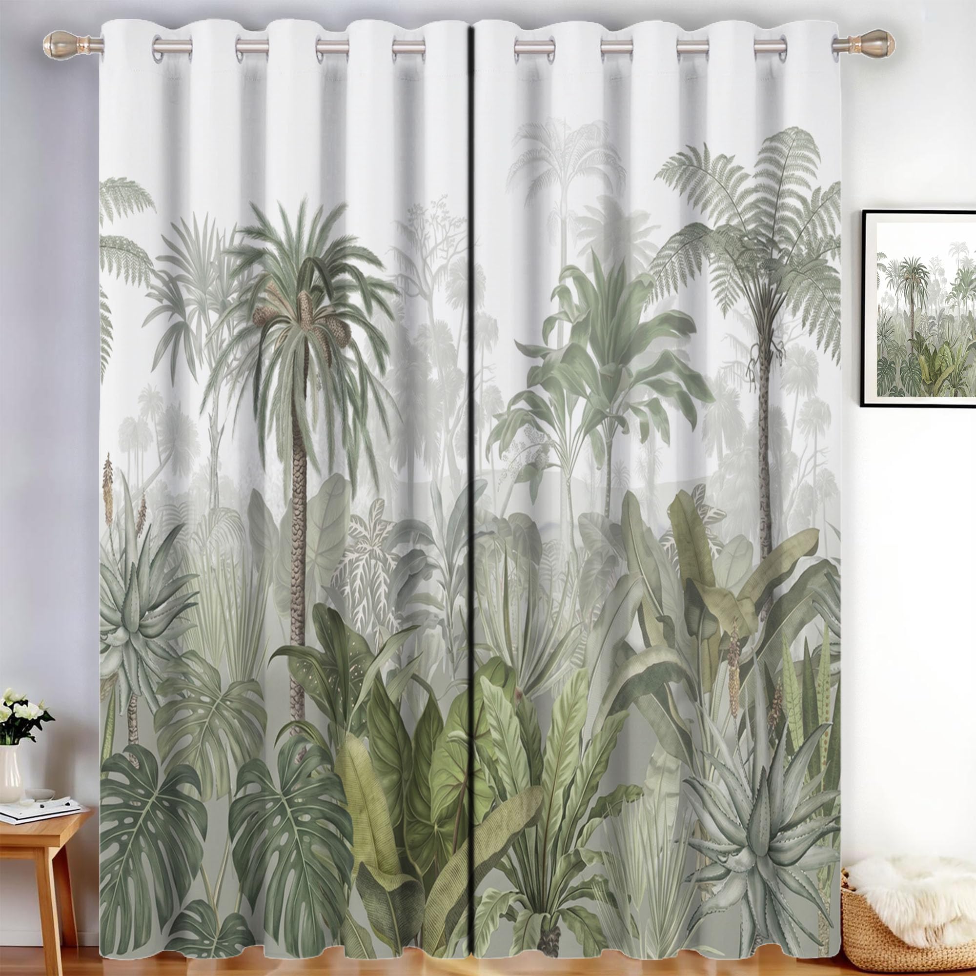 Rideaux Occultants Palmiers Monstera Deliciosa Cactus, Rideau Occultant Thermique Isolant Vert, Rideau Imprimé Style Tropical Rétro Avec Oeillets Pour Chambre, Salon, Lot De 2 Rideaux 140 X 225 cm