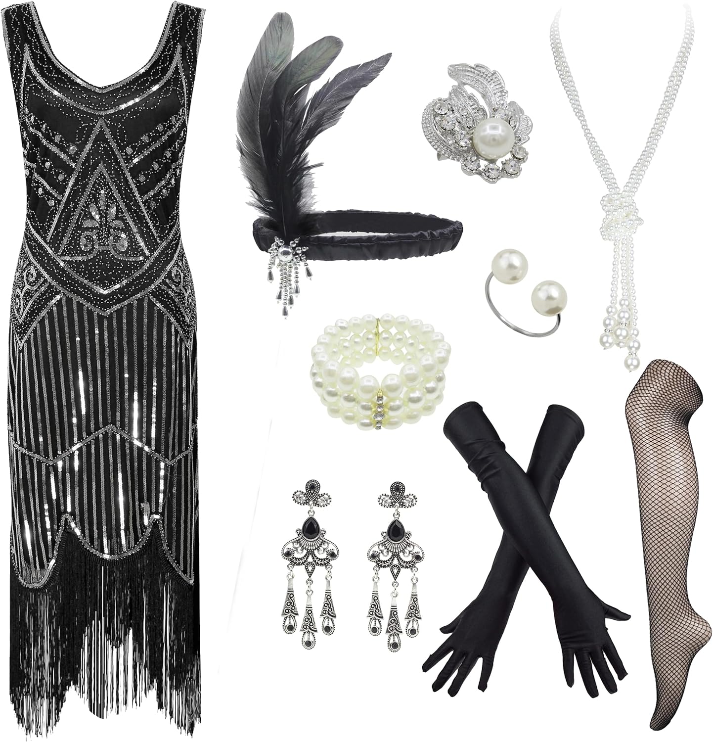 Plus Size Women's 1920s Flapper Fringe Beaded Gatsby Dress w/Accessories Set