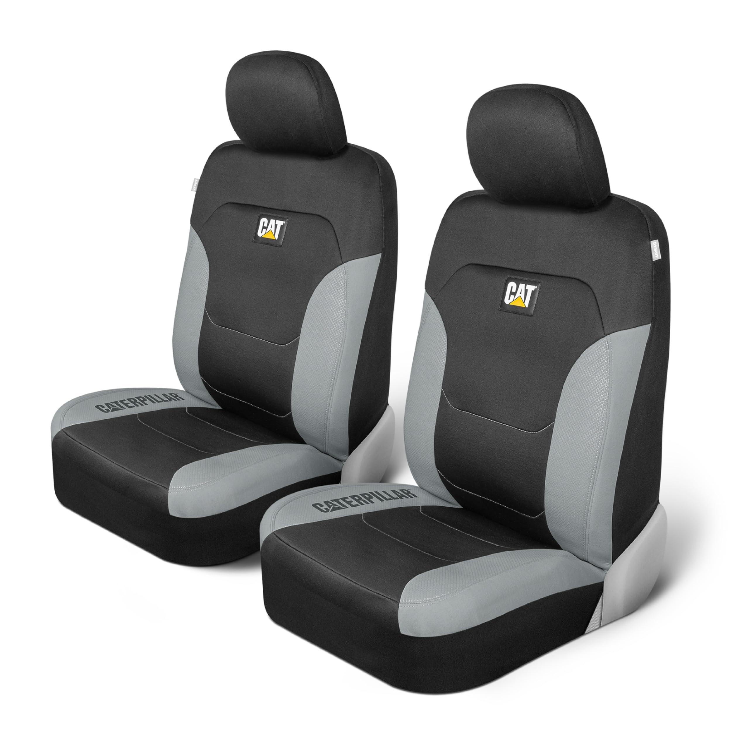 CAT erpillar Flexfit Automotive Seat Covers for Car, Trucks and SUVs (Set of 2) - Black Seat Covers for Front Seats, Seat Protector with Grey Honeycomb Trim, Car Interior Covers