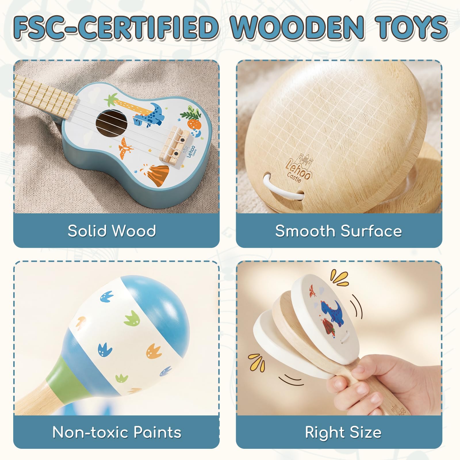 Lehoo Castle 7 en 1 Montessori Musikinstrumente für Kinder ab 1-3 Jahr, Kindergitarre, Tamburin, Flöte, Maracas, Ukulele Holzspielzeug Lernspielzeug