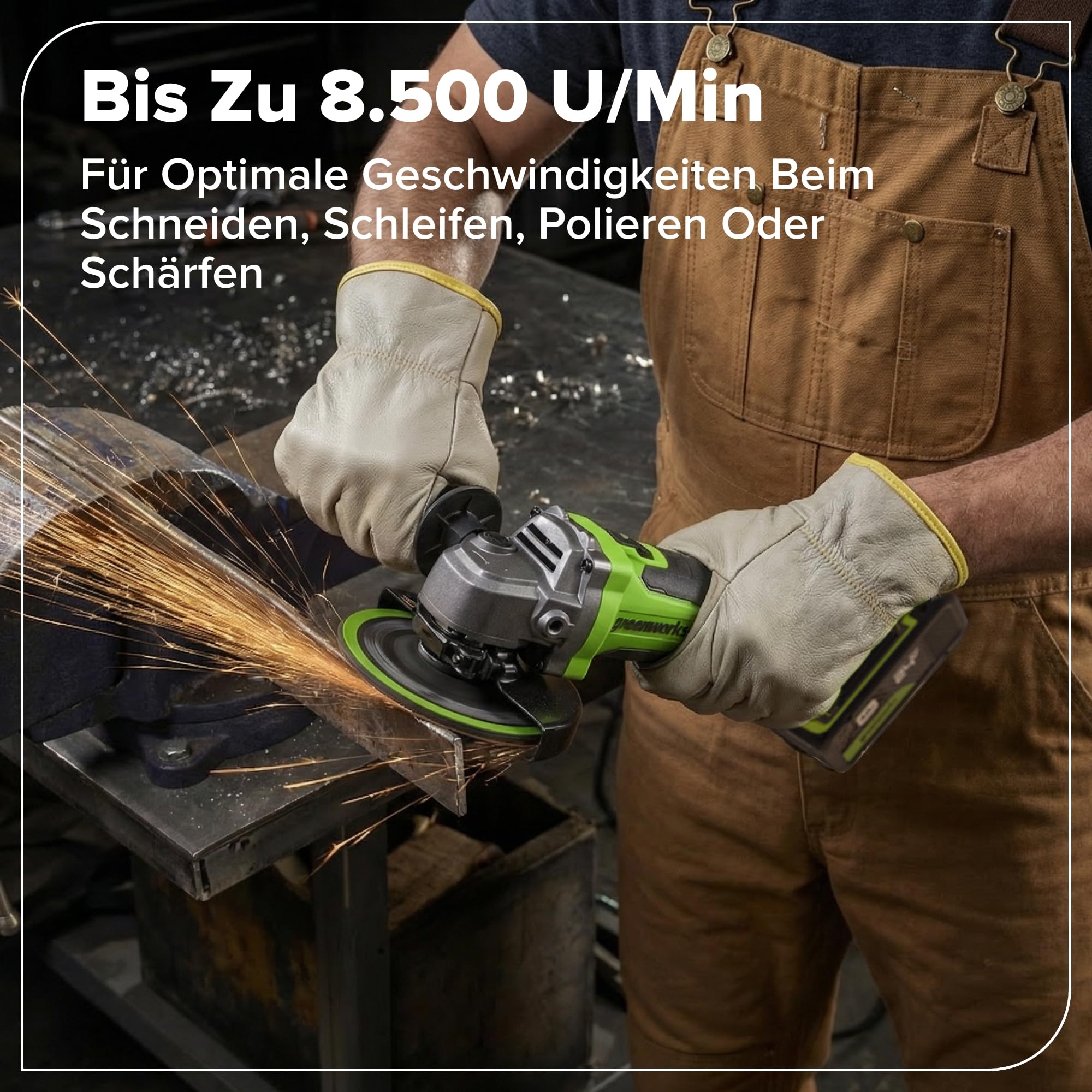 Greenworks Akumulatorowa szlifierka kątowa 24 V 125 mm ostrze tarczowe, 8500 obr./min, 700 W, silnik bezszczotkowy, leworęczny lub praworęczny bez baterii i ładowarki AG370