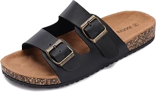 Joomra Women's Cork-Inspired Footbed Slides Adjustable Buckle Sandals | Natural Foot-Shaped, Vegan Upper, Two-Strap, Casual Daily Slippers, Walking Comfort, Fashion Indoor Outdoor Sandles