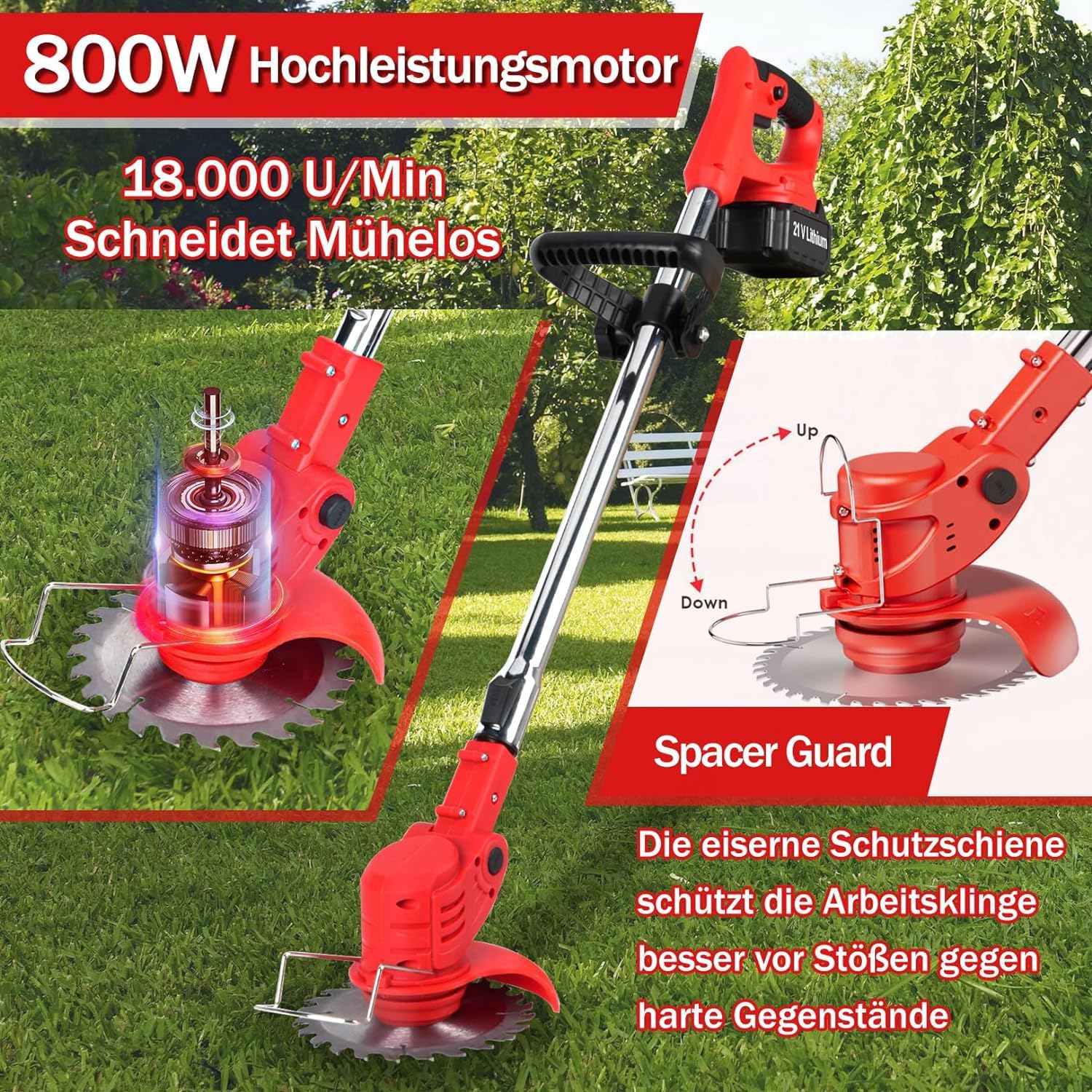 Akku Rasentrimmer mit Akku, Rasenkantenschneider mit 2 Akkus 21V und 4 Messertypen+1 Gartenschere, einstellbar in Höhe und Winkel, Rasentrimmer zum Mähen von Rasenflächen