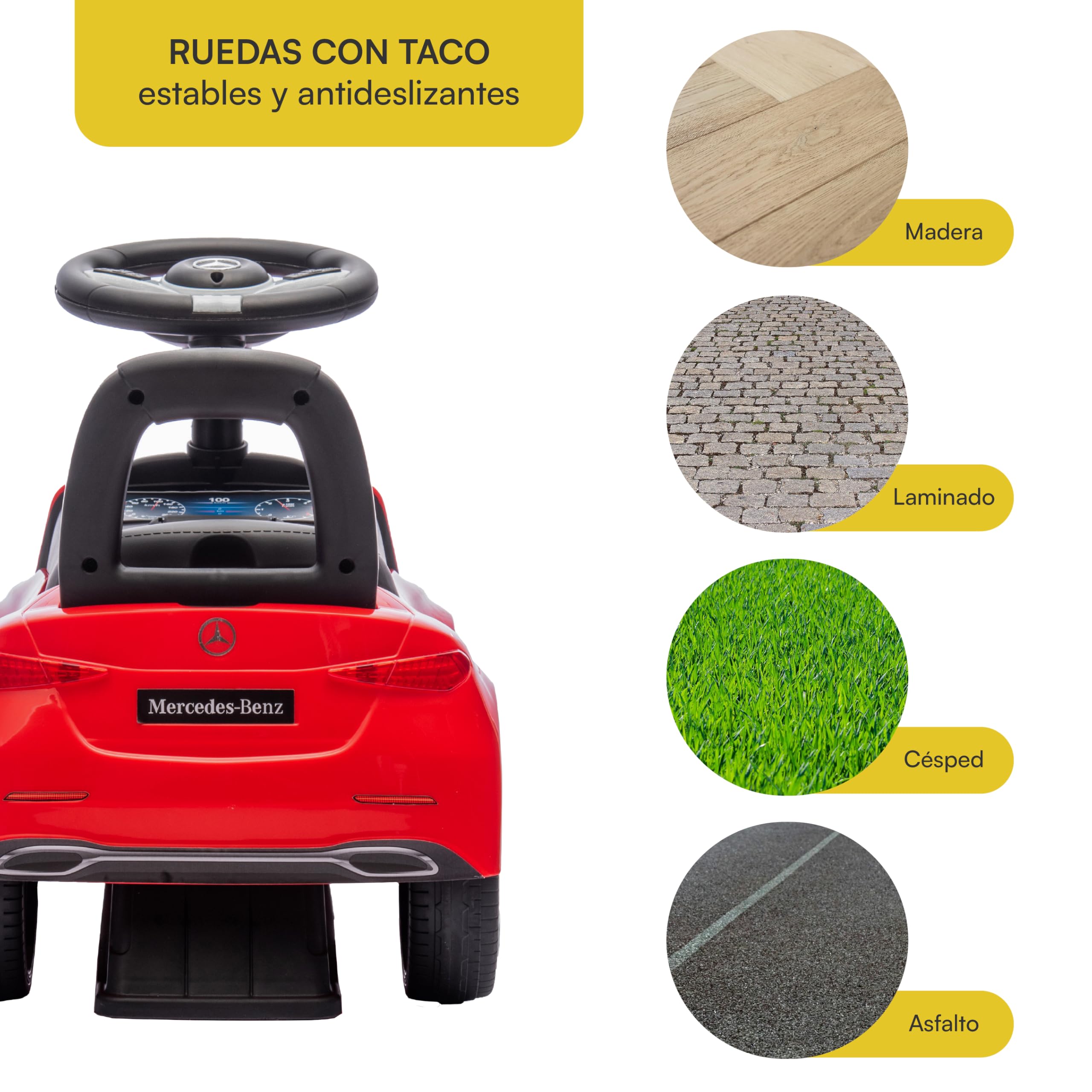 Baroni Toys Mercedes Ride-On Car Empuje y Ir para Niños 1-4 Años, Faros LED, Sonidos Realistas, Ruedas antideslizantes, Compartimento de almacenamiento, Diseño Antivuelco, 65 x 28 x 39 cm, Rojo