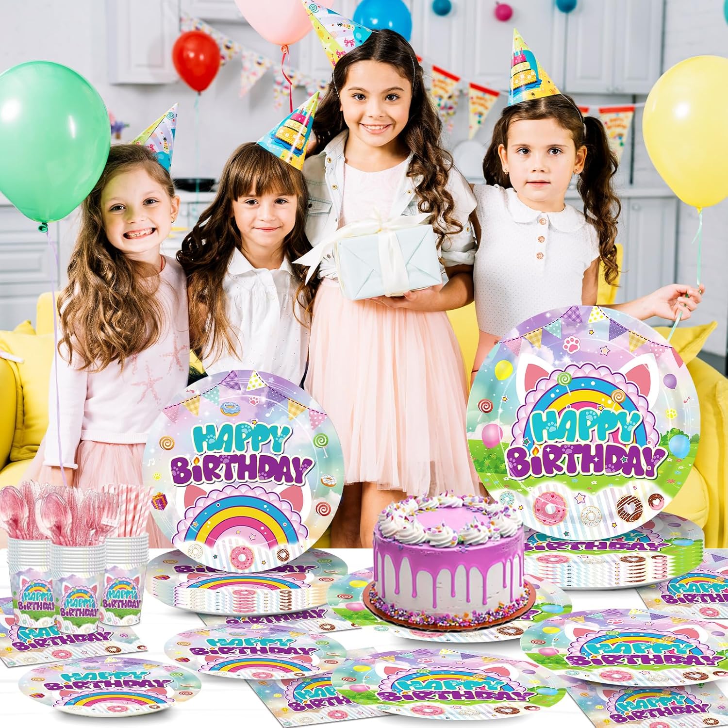 192pcs Dollhouse Birthday Party Decorations Plates Napkins Dollhouse Party Supplies Disposable Paper Cups Straws Cartoon Tableware Set for Kids Girls Birthday Decor 24 Guests