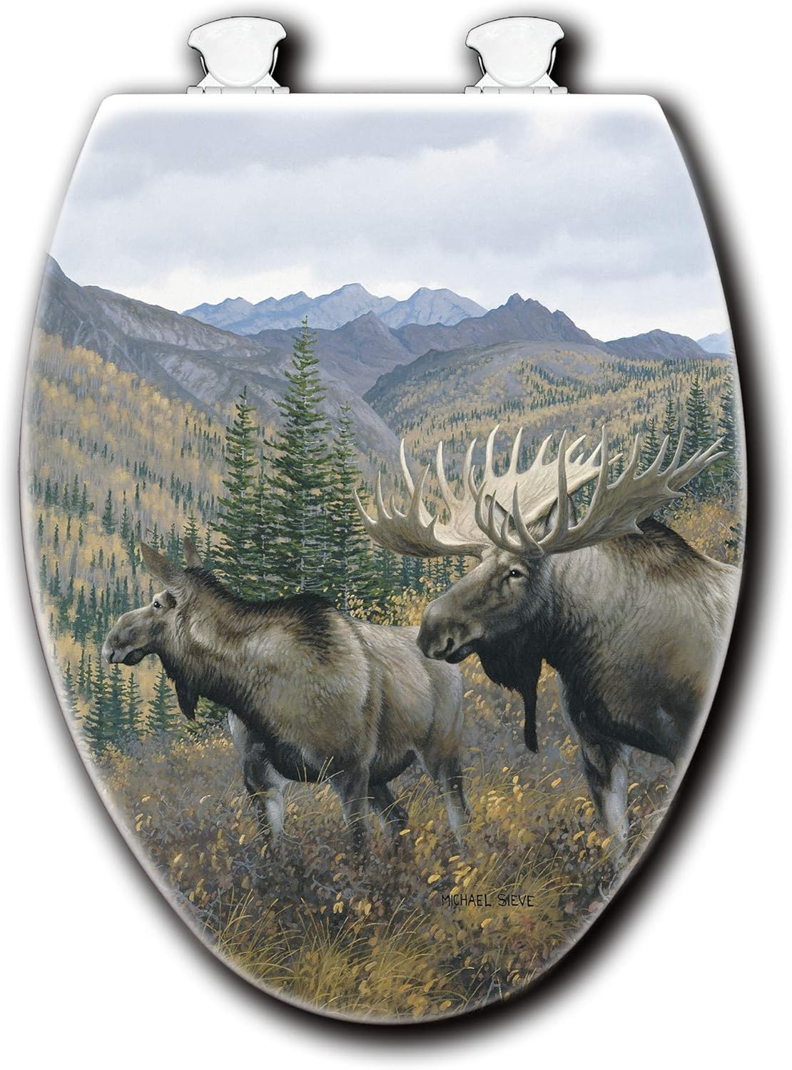 House & Homebody Co. Elongated Toilet Seat, White with Outdoor Image (Working the Ridge)