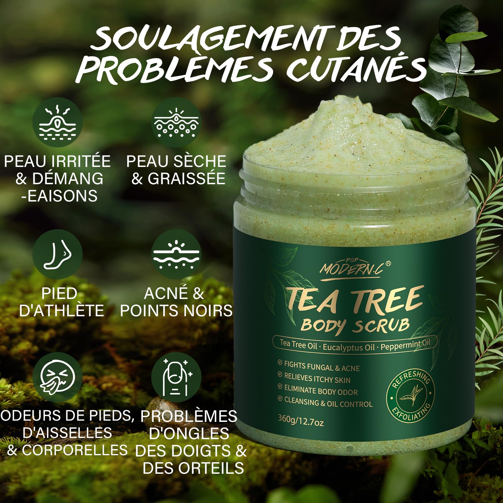 Gommage Corporel à L'huile D'arbre à Thé, Améliore les Mycoses Cutanées, les Démangeaisons, L'eczéma Marginé, les Odeurs Corporelles. Gommage au Sel Marin pour Exfolier et Hydrater la peau, 360g