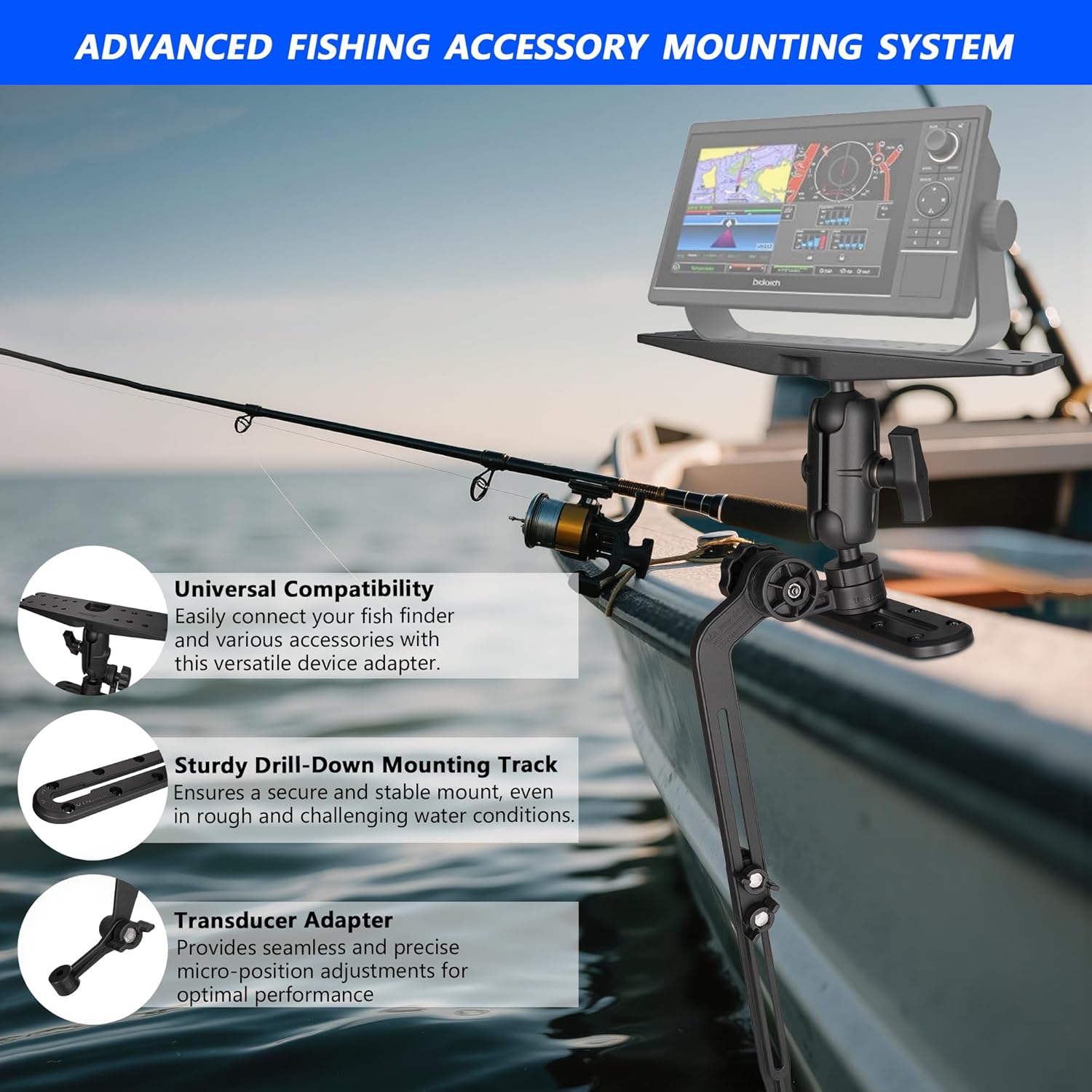 Kayak Fish Finder Mount,1.5" Ball Universal Mounting Plate with Transducer Mounting Arm, Marine Electronic Mount Plate with Low Profile Track, Compatible with Scotty, Lowrance, Garmin