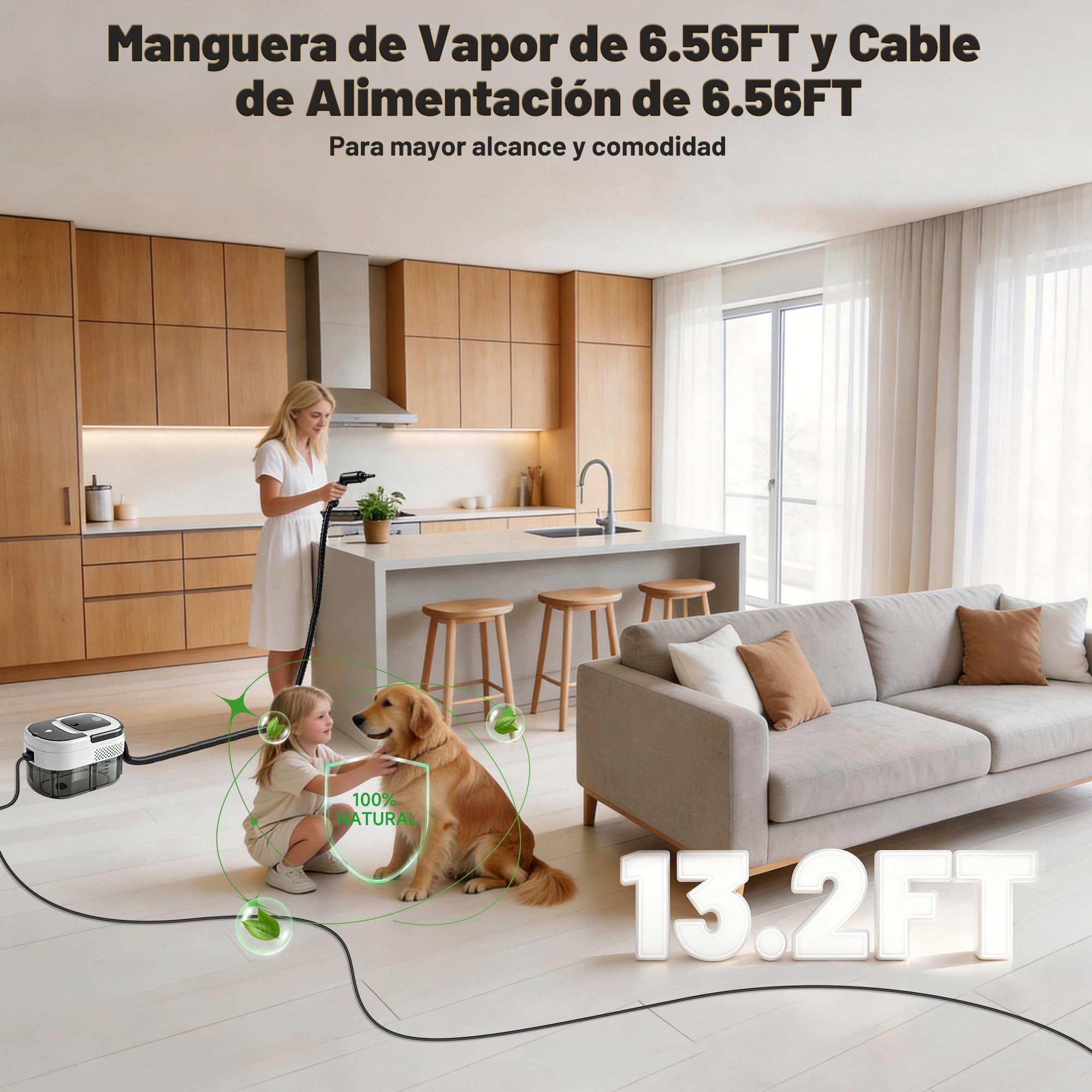 Limpiador de Vapor 2500W, 3 Niveles, 1600ml, 13 Accesorios, sin Químicos | Vaporeta Limpieza Hogar, Calentamiento en 15s, para Suelos, Cocina, Ventanas, Coche y Juntas